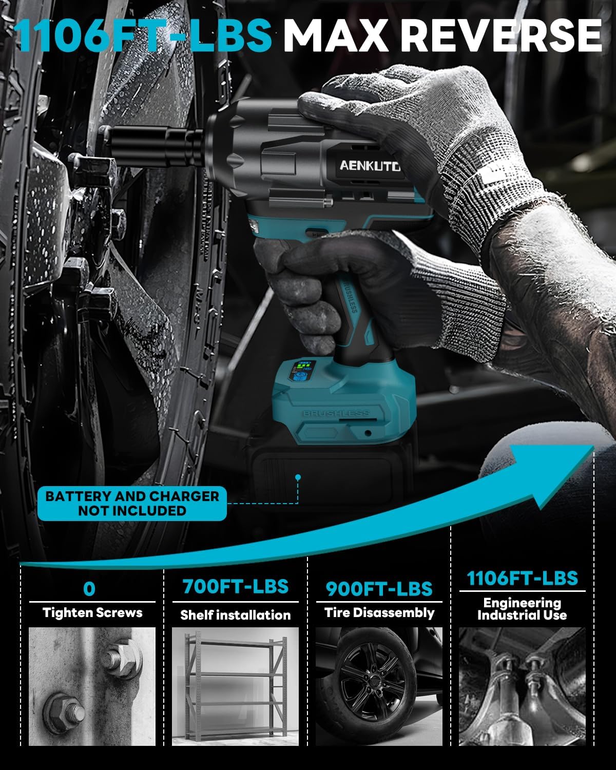 Cordless Impact Wrench for Makita 18V Battery,1500Nm (1106 Ft-Lbs) 1/2" Brushless Impact Gun, LED Work Light, 3-Speed High Torque Power Tool for Tire Removal, Rusted Bolts (No Battery)