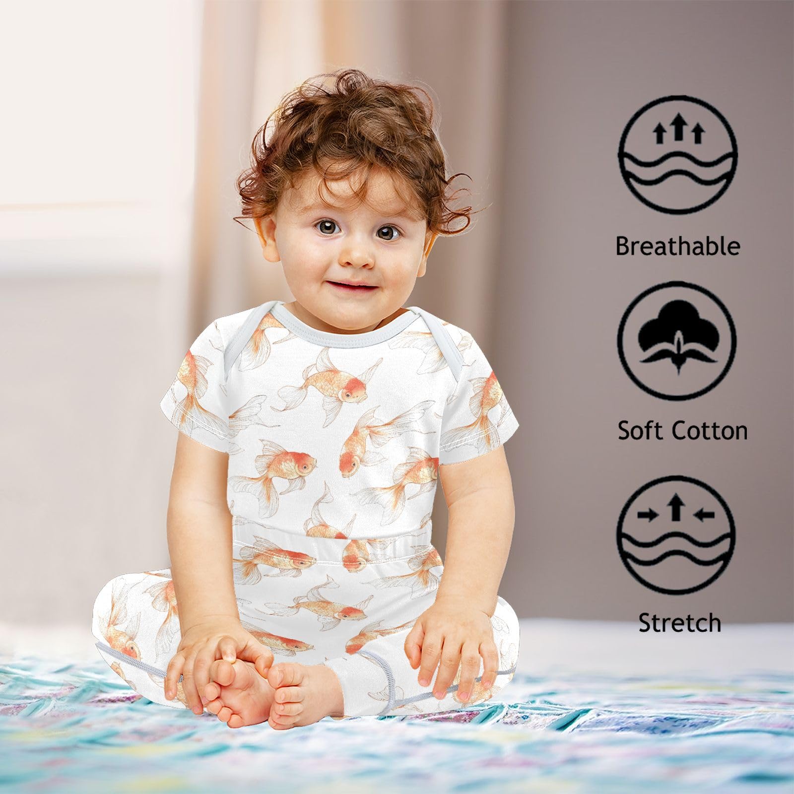 vvfelixl Light-colored Goldfish Baby Bodysuits Set,Baby Layette Sets Unisex Short Sleeve Babys Pants Sets 6-9M