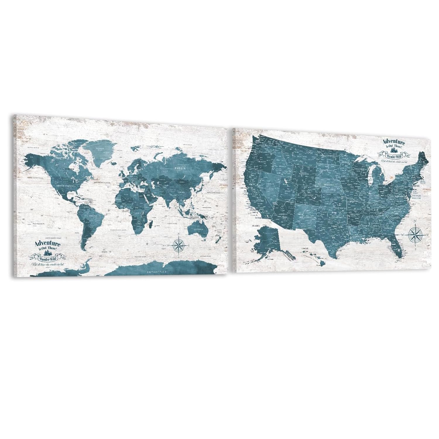 IPIC Antique Blue World Map Pin Board and USA Map, Set of 2, Size 36x24 in