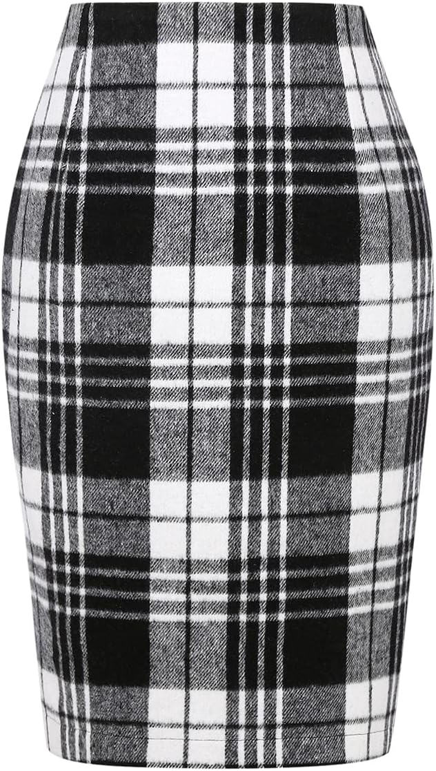 IDEALSANXUN Plaid Skirts for Women Fall Winter Knee Length Pencil Wool Skirt with Slit