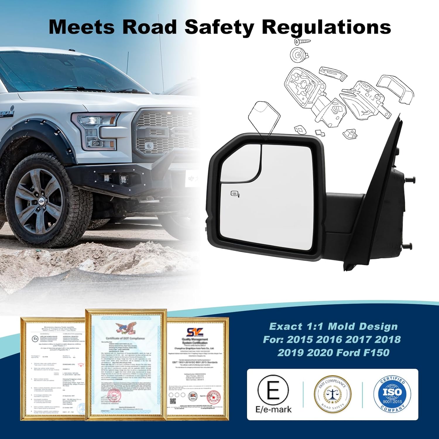 (8 Pins) Left Driver Side Door Mirror For 2015-2020 Ford F150 With Turn Signal Light、Power Glass、Heated、Manual Folding With Installation Kit*1 set Replaces #JL3Z17683CA(Not-Temp Sensor)