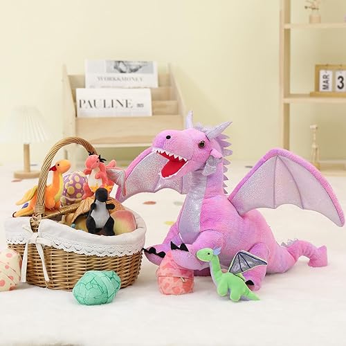 Miniatura 6 de MaoGoLan 7 piezas de peluche de dragón, juego de peluche de dragón rosa, gran peluche de dragón a granel, dragón de peluche mamá con 4 bebés y 2