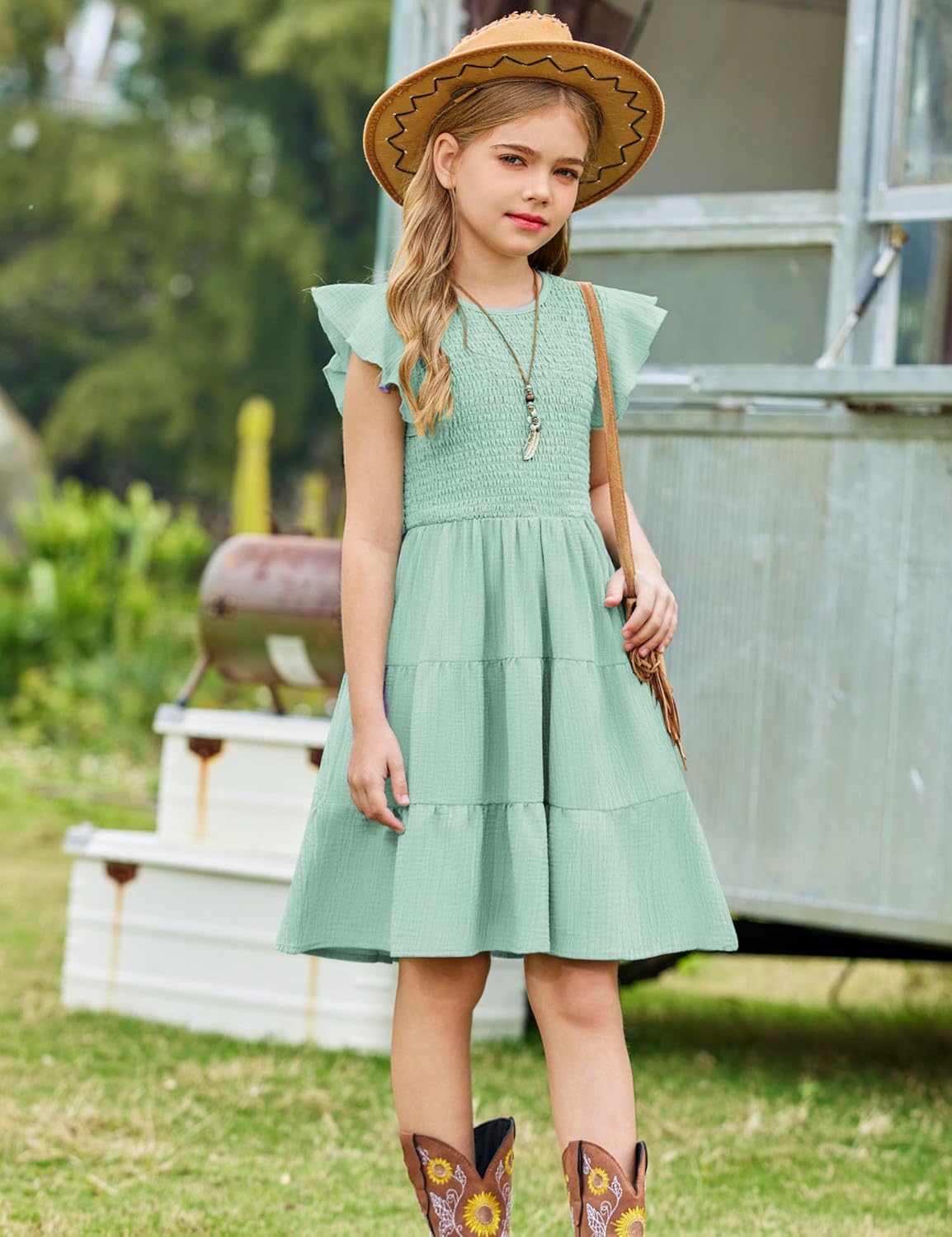 Arshiner Girls Summer Flutter Short Sleeve Sundress Smocked Elastic Waist Tiered Midi Dress with Pockets - Image 8