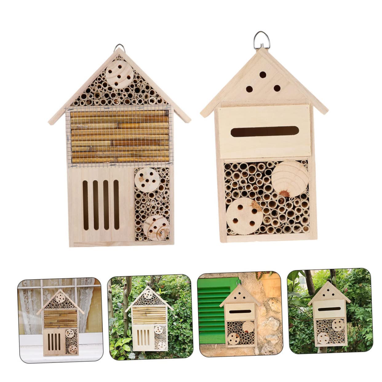 ERINGOGO 2Stücke Bienenhaus für Garten Holz Insektenhotel mit Aufhängung Dekoration für Wildbienen und Insekten Naturfreundliche Nisthilfe