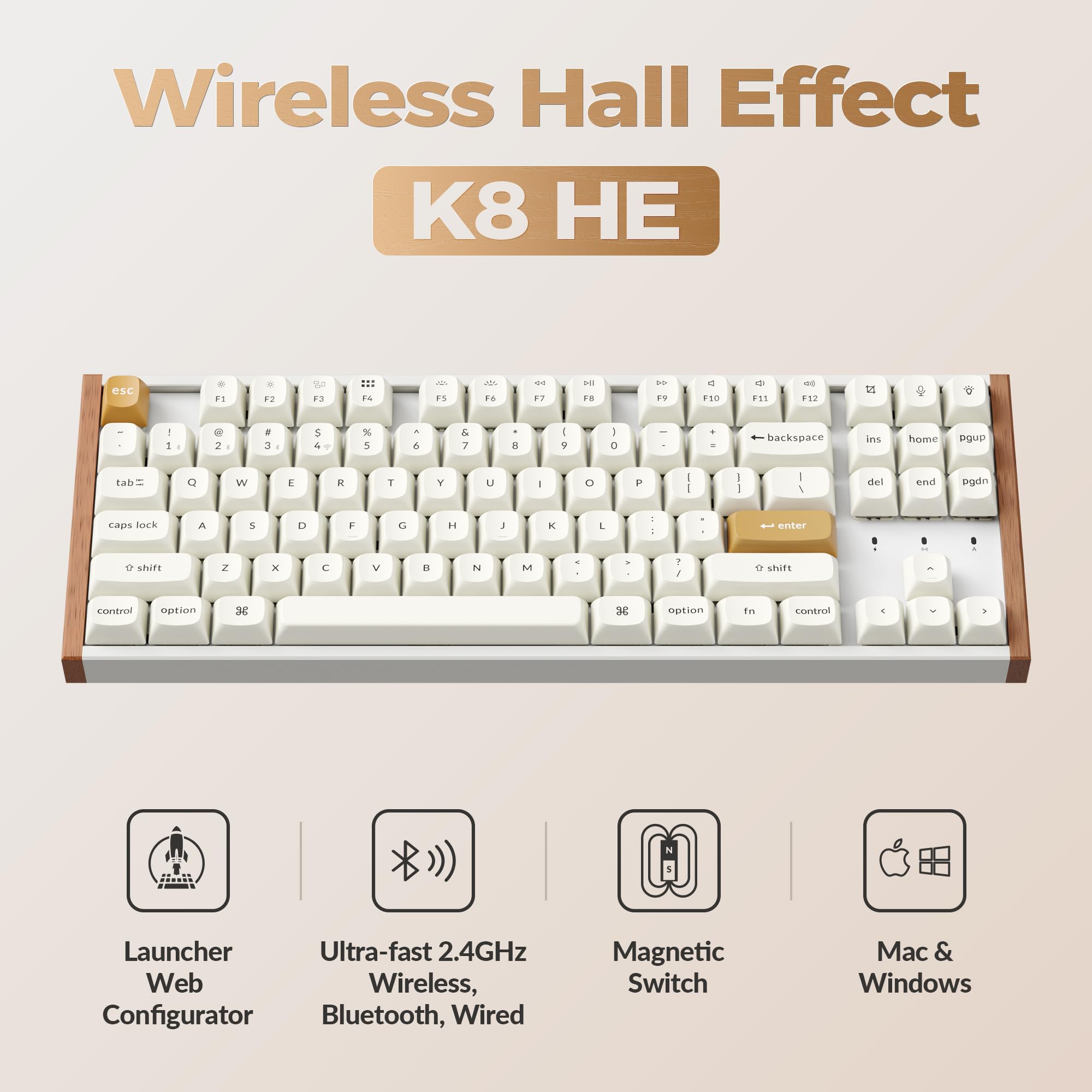 Keychron K8 HE TKL Wireless Bluetooth 2.4G Wired Triple Mode Hot Swappable Hall Effect Keyboard with QMK VIA Aluminum+Wood Frame Rapid Trigger for Mac Windows Linux-White