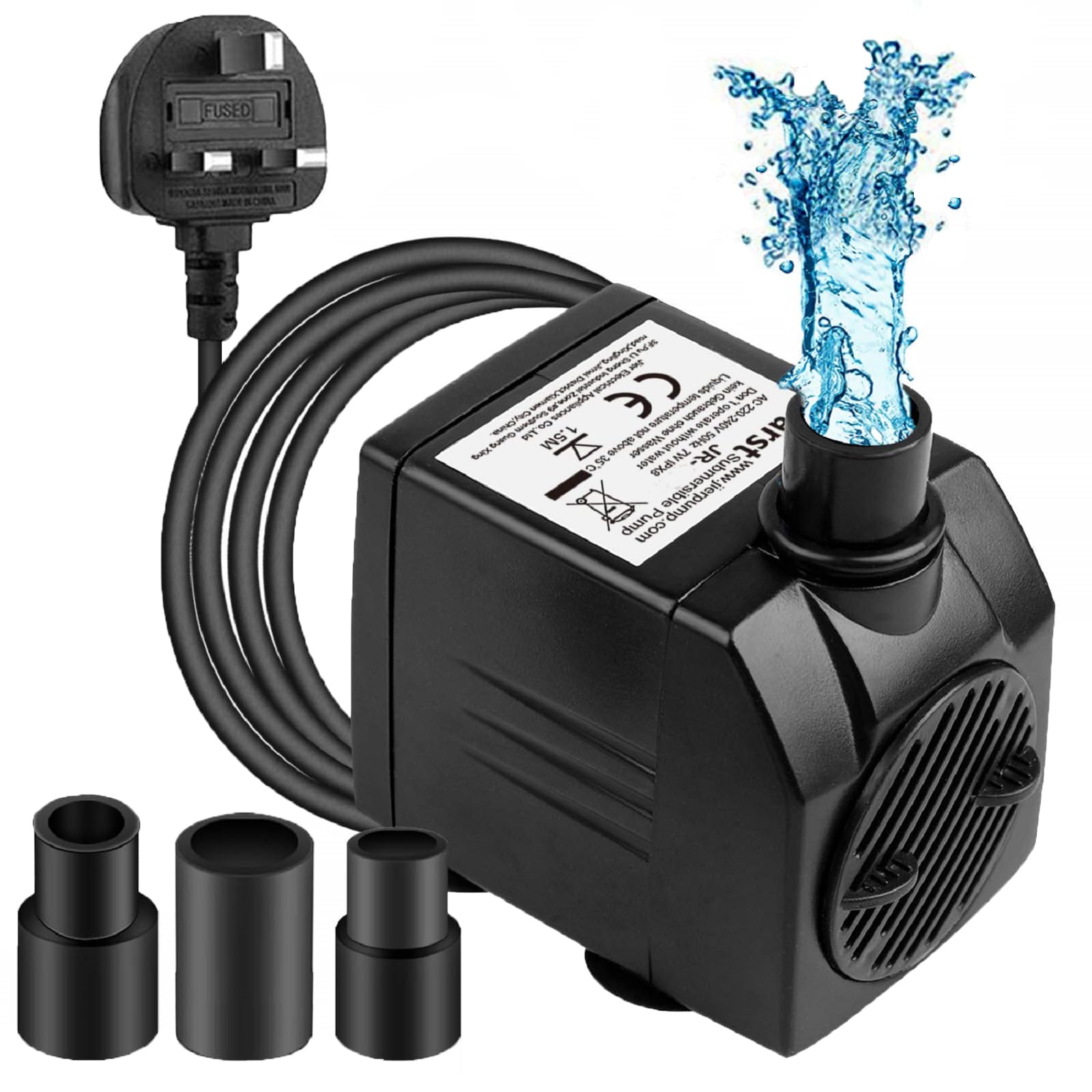BARST Bomba de agua sumergible de 1500 l/h, bomba de acuario ultra silenciosa para fuentes, piscina, pecera, estanque, hidroponía, estatua con 4 ventosas Srtong, 3 boquillas (30 W, cable de