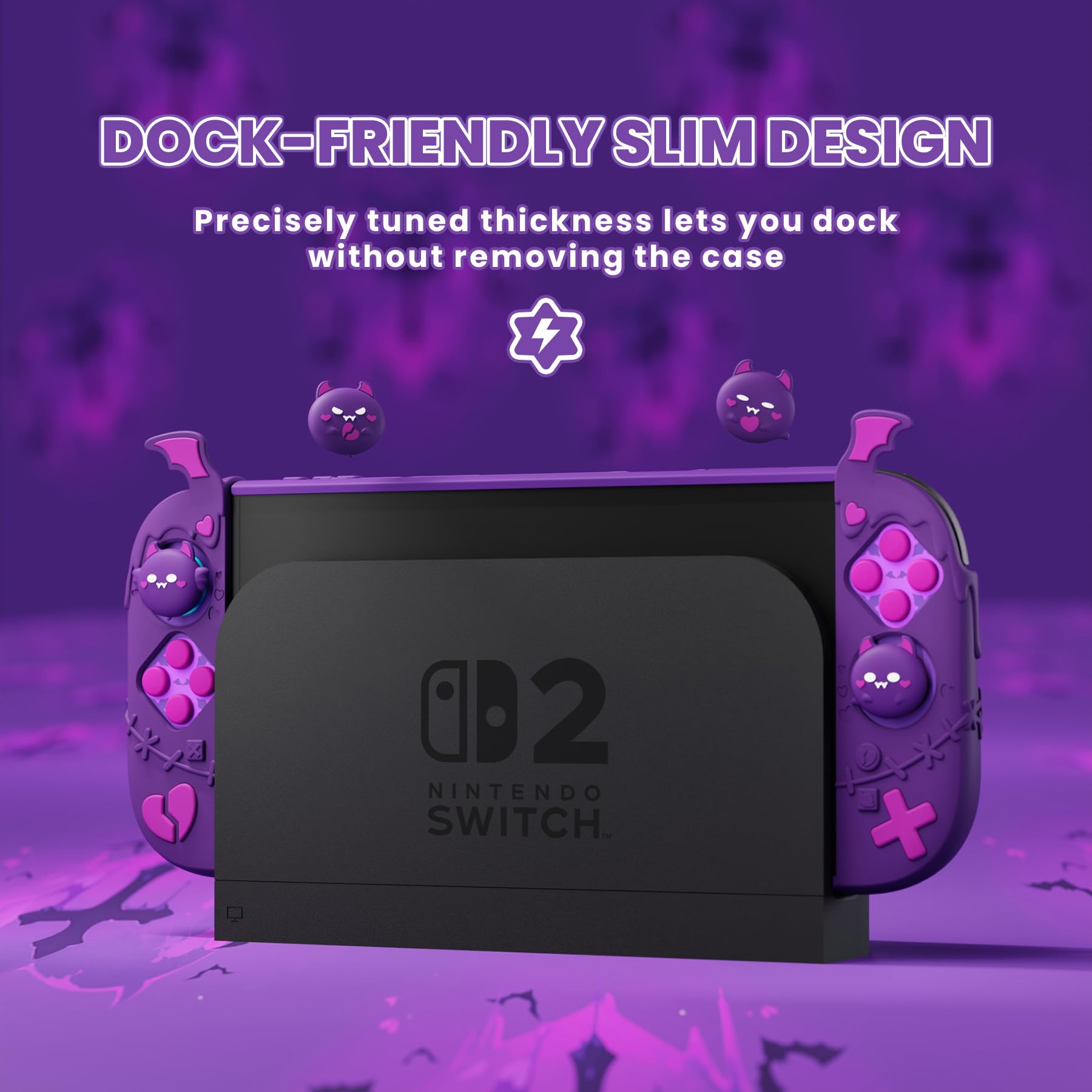 playvital Coque pour Nintendo Switch 2,Grip en Silicone pour Joycon & Coque Arrière Rigide PC Dockable & Capuchon Joystick & Autocollants,Accessoires pour Switch 2–Violet, Série Gothic Imp - 3