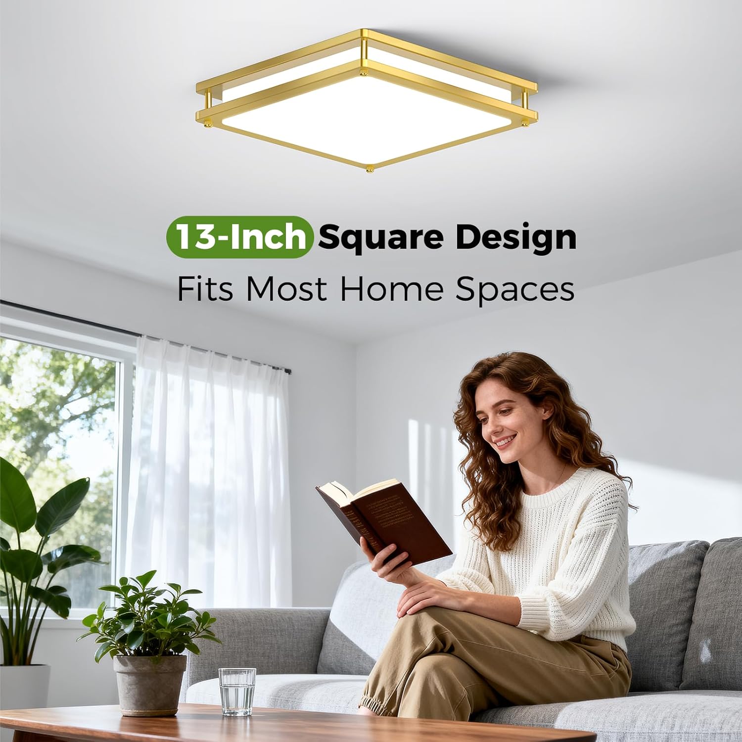 13 Inch Gold Square LED Ceiling Lights for Bedroom Kitchen Bathroom, 36W Super Bright 3200LM Modern Flush Mount Light Fixture, 2700K-6500K Selectable Dimmable Close to Ceiling Double Ring Lamp, 1-Pack