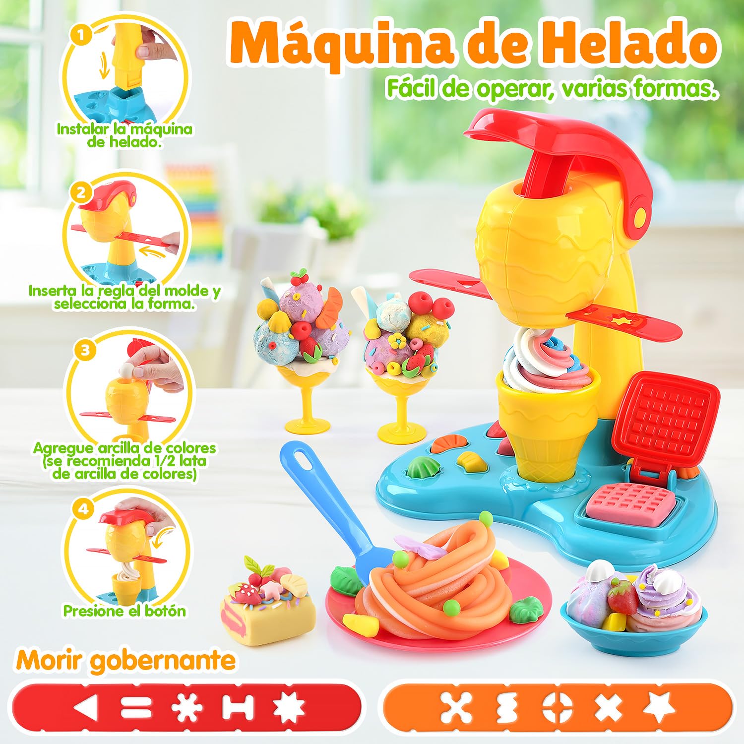 PLAY 2 en 1 Juego de Plastilina para Niños, Plastilina Maquina Helados y Máquina Pizza, 37 Piezas Kit Moldes Plastilina, Máquina para Hacer Pasta, Accesorios Plastelina para Niños 3+ Años