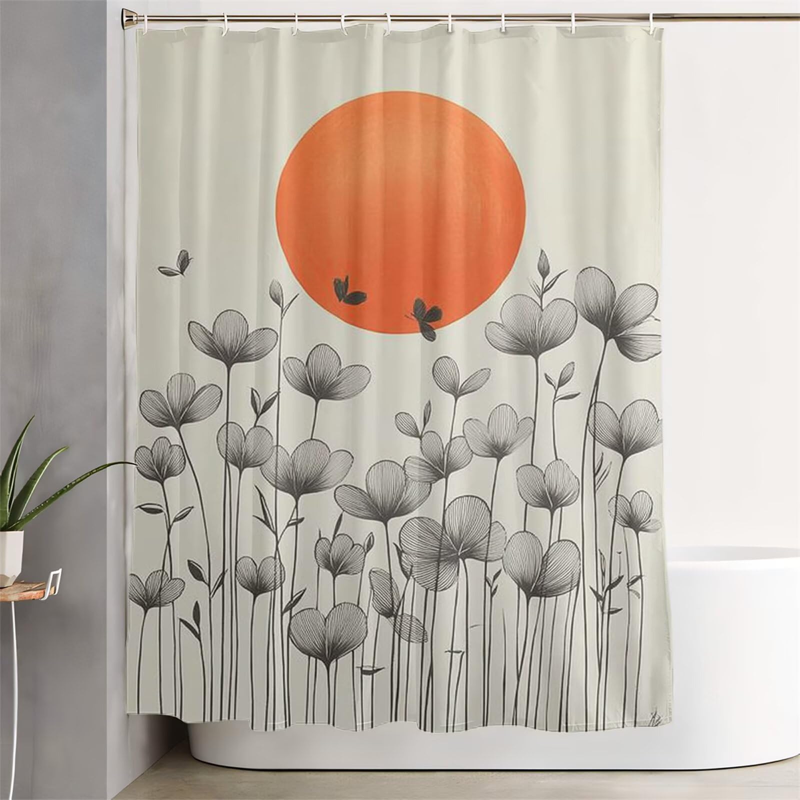 Zasłona prysznicowa z motywem zachodu słońca, 240 x 200 cm, bardzo długa zasłona prysznicowa do łazienki, kwiatowa, wodoodporna zasłona na drzwi z haczykami i obciążonym obszyciem, nadaje się do