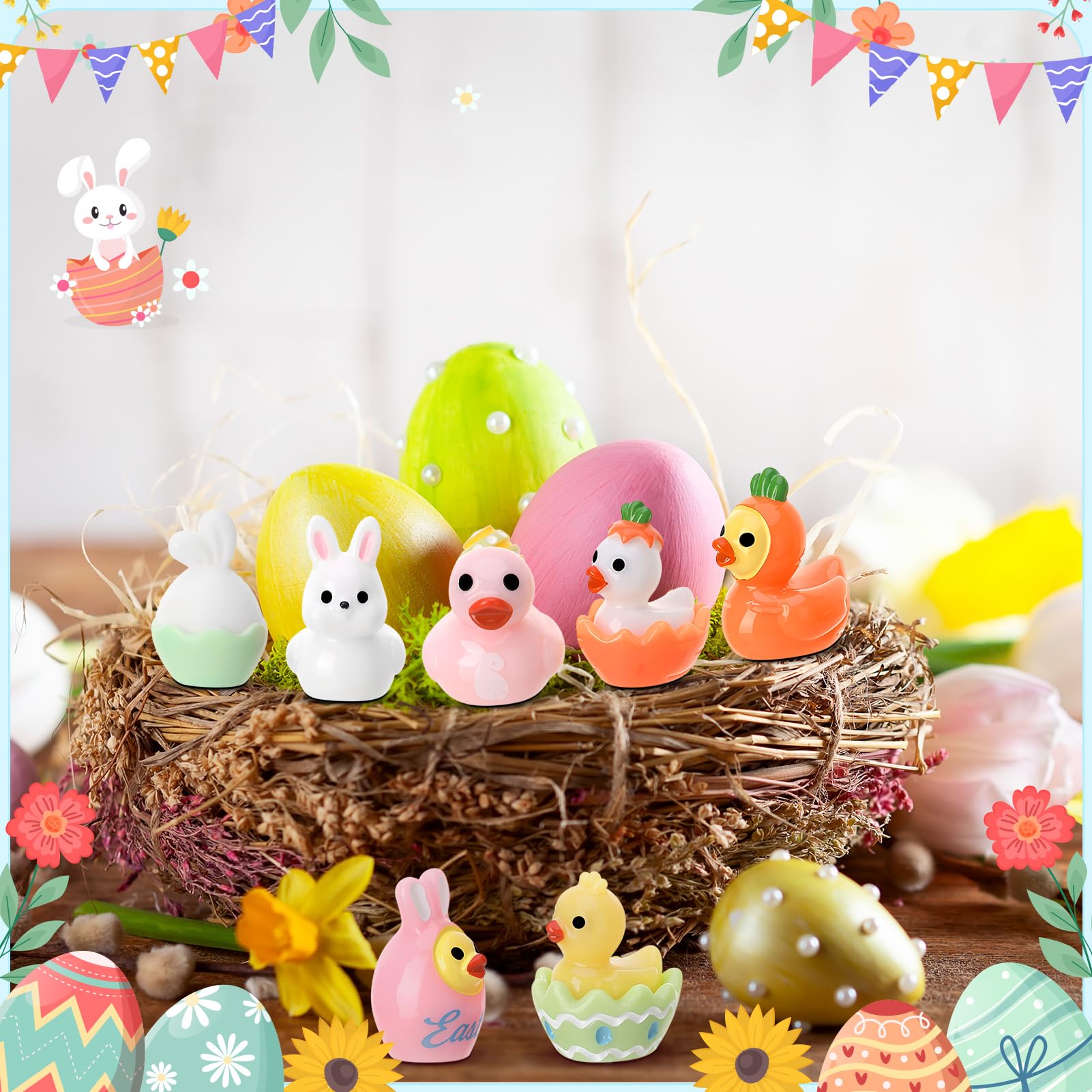 Paquete de 80 figuras de juguete de patos de Pascua, diseño de conejo | Tiny Ducks to Hide, decoración de regalo de fiesta de conejo de Pascua (16 estilos)
