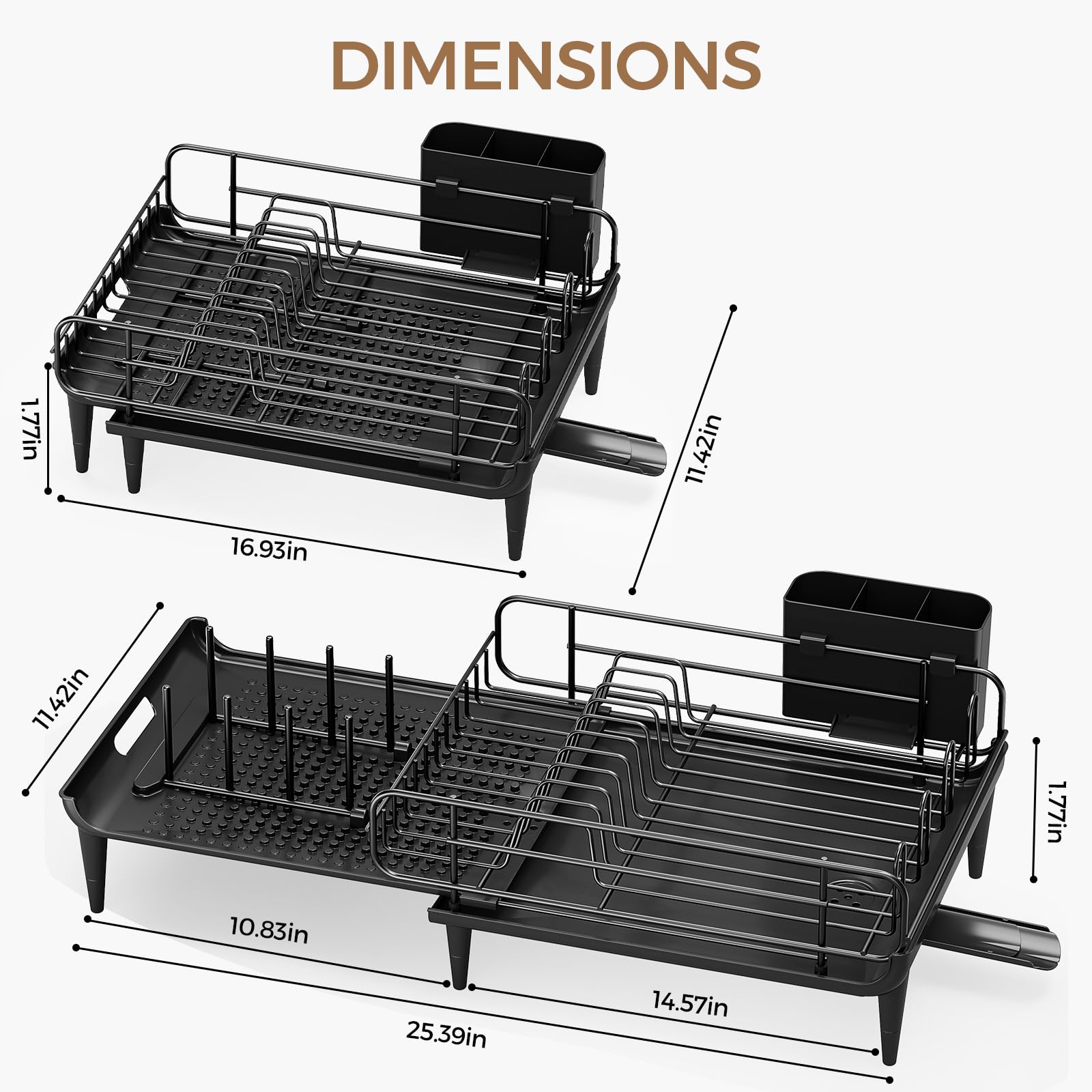 kingrack Égouttoir à Vaisselle Extensible - Égouttoir à Vaisselle Pliable pour compteurs de Cuisine - en Acier Inoxydable - avec Porte-Couverts - Noir