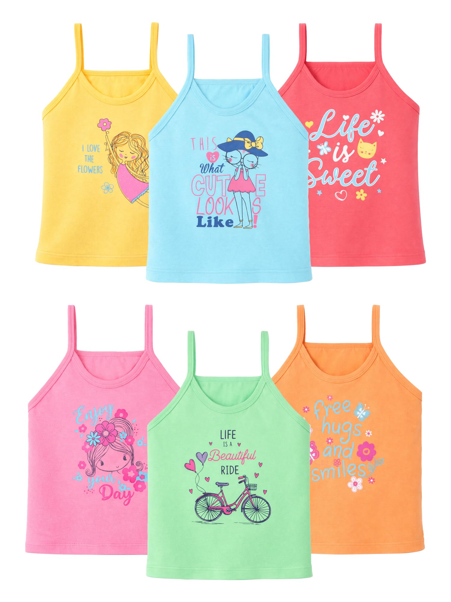 BODYCARE Kids Sleeveless Slip 100% Cotton Slip for Girls | Skin Friendly | Multicolor | Lightweight | Sleeveless Design | Pack of 6 (Color & Print May Vary)
