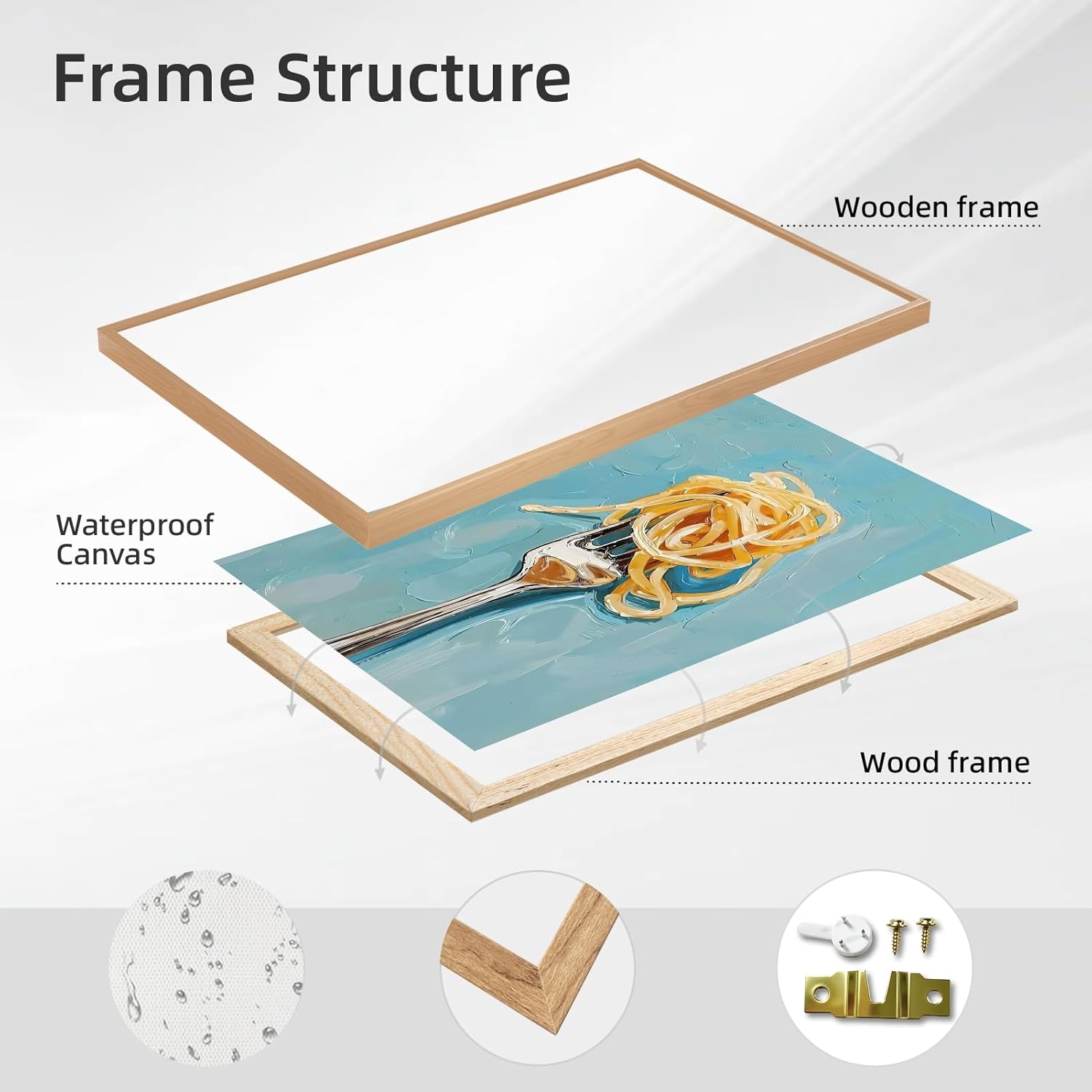 Wooden Frame Kitchen Wall Art Trendy Retro Pasta and Fork Food Canvas Print Minimalist Italian Funny Food Poster Rustic Cooking Pictures Aesthetic Decor for Dining Room Restaurant 12x16inch