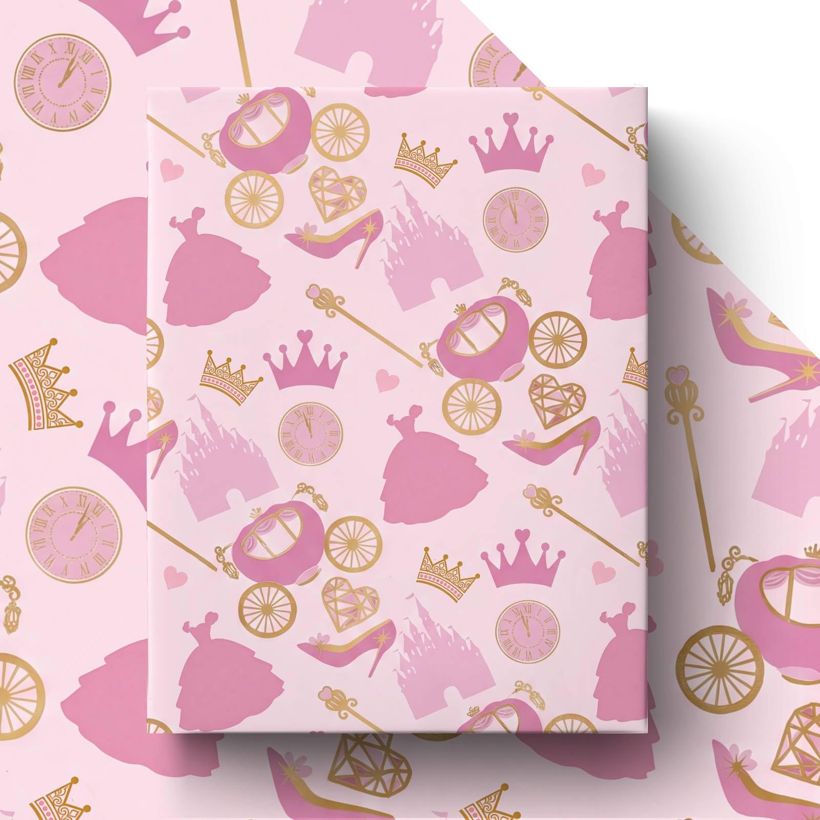 GleeWrap Princess Wrapping Paper for Girls, Pink Fairytale Gift Wrap Sheets with Castle, Crown & Carriage for Kids Birthday, Princess Party, Baby Shower Gifts, 4 Sheets 50x70cm