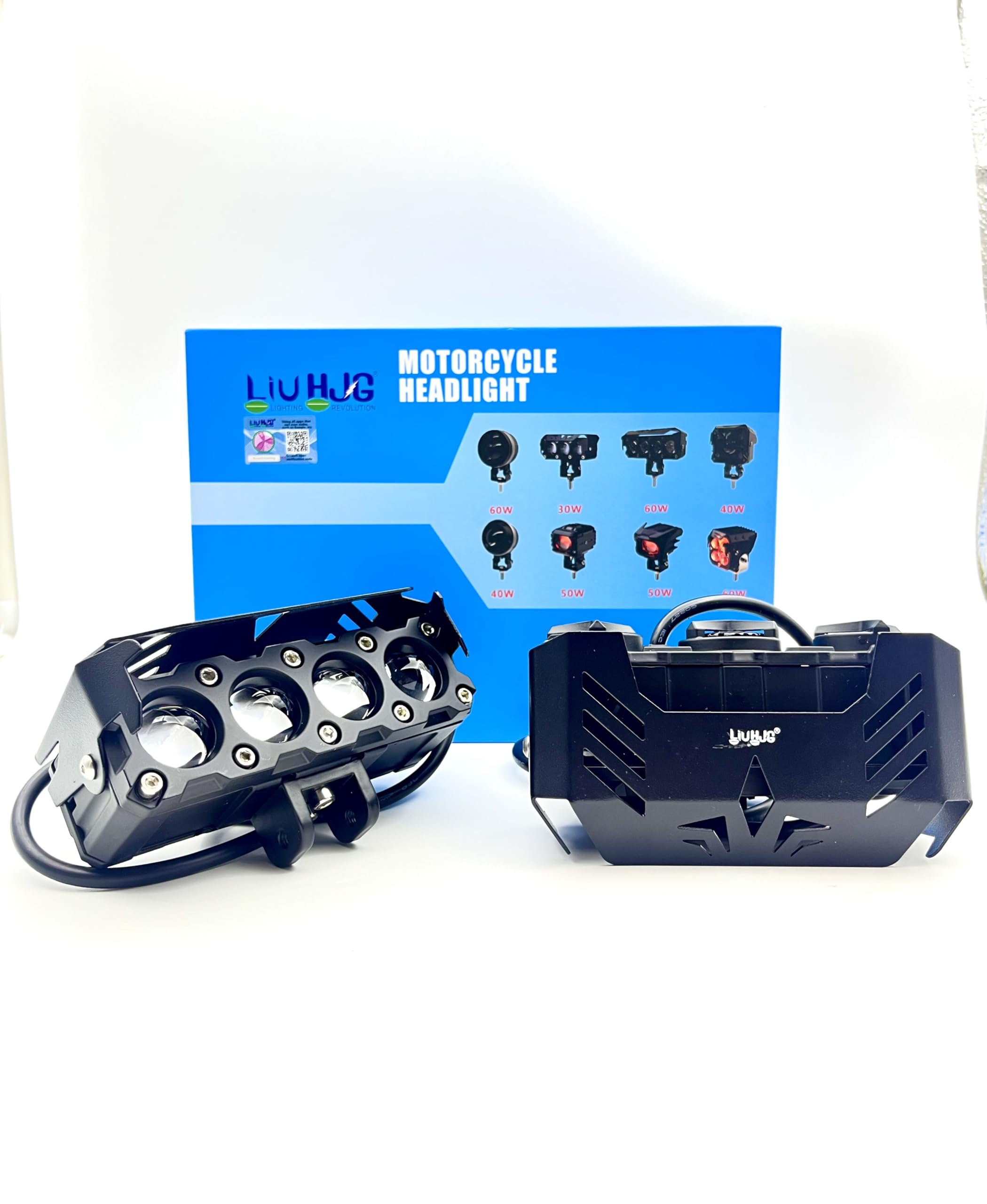 Moto Powerz HJG 4-Lens LED Fog Lights – Yellow/White/Red Devil Color, Universal Fit for Bikes and Cars (Set of 2)