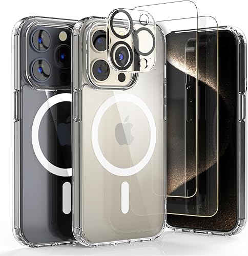 Funda para iPhone 15 Pro, transparente, híbrida, a prueba de golpes, resistente compatible con accesorios Magsafe, juego de fundas todo en uno con 2
