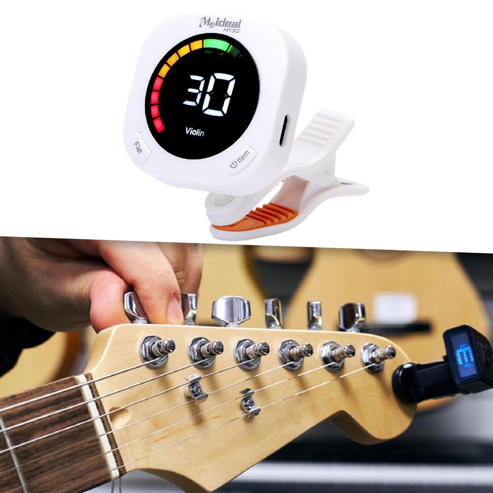 Harilla Afinador de Guitarra, Afinación Rápida Y Precisa, Regalo, útil, Giratorio 360 Grados, Recargable, Afinador para Ukelele, Blanco