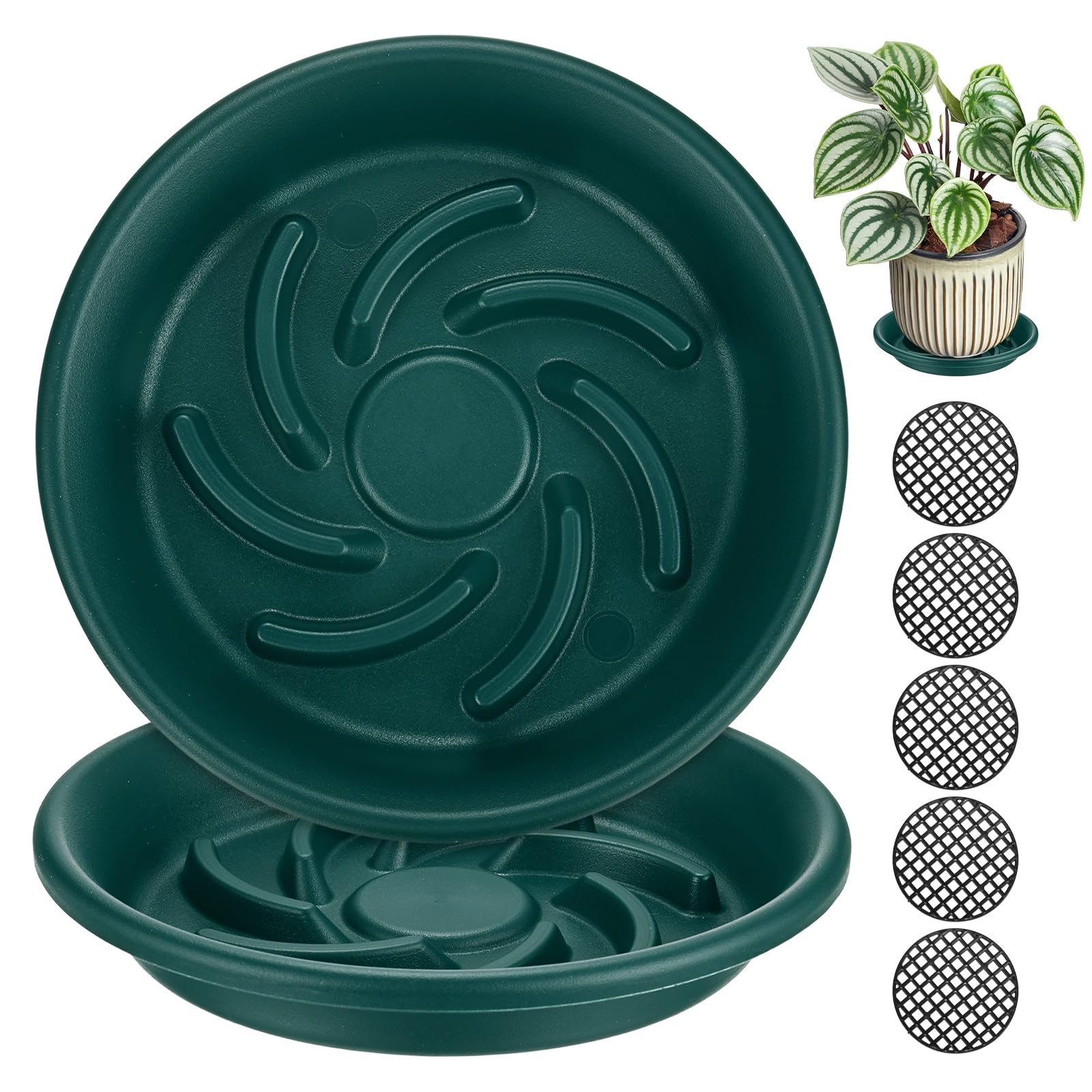 M METERXITY 2-Pack Plant Saucer, 5.7 Inch/ 14.5cm Plastic Plant Trays Thicker for Pots/Indoor/Outdoor/Water Drainage and Protection, Flowerpot Drip Tray [Dark Green]