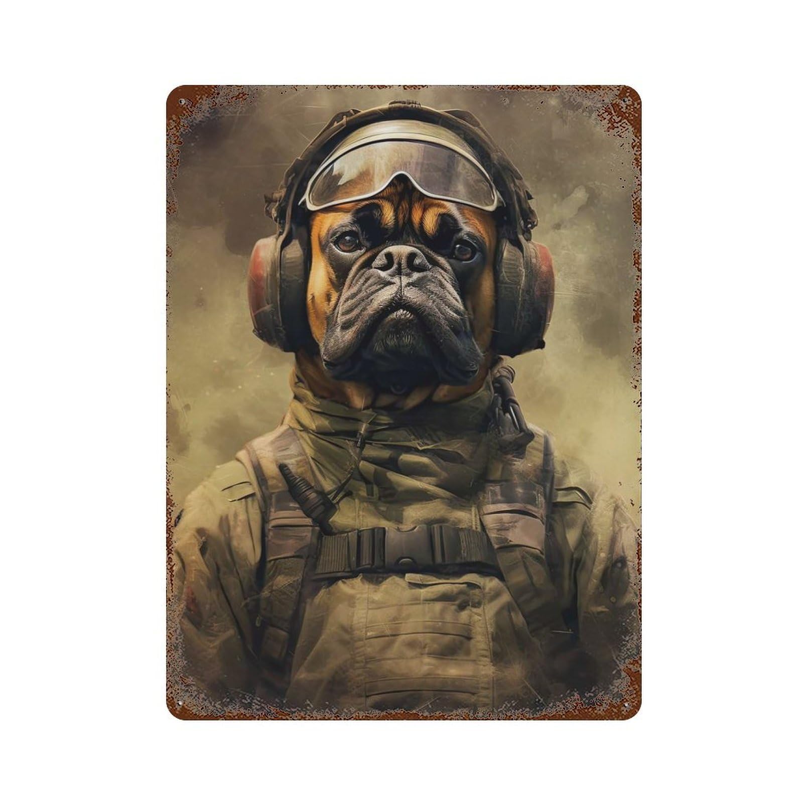 Garage Style Boxer Dog Soldier Rust Effect Tin Sign 15.7"x11.8", Farmhouse Wall Decor for Bar And Workshop