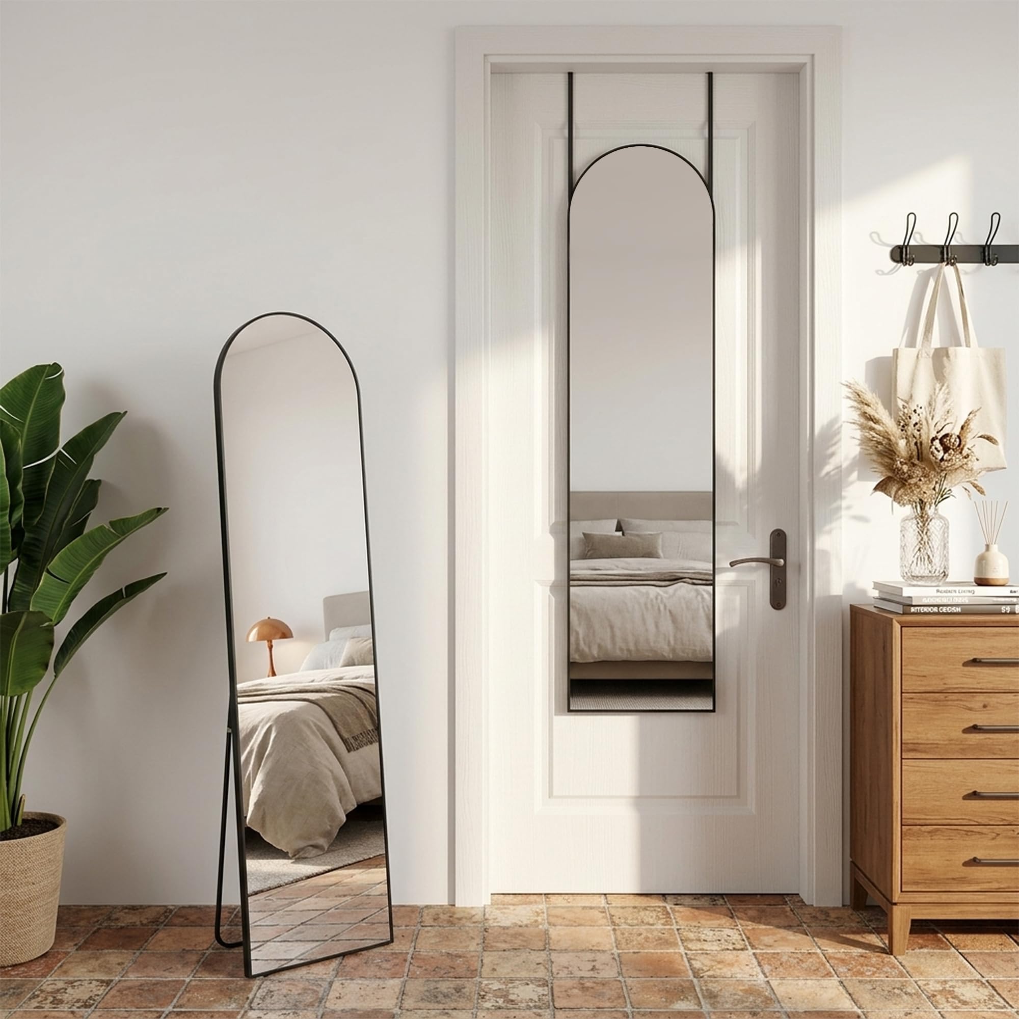 Antok Full Length Mirror, 56"x14" Floor Mirror with Stand, Black, Arched