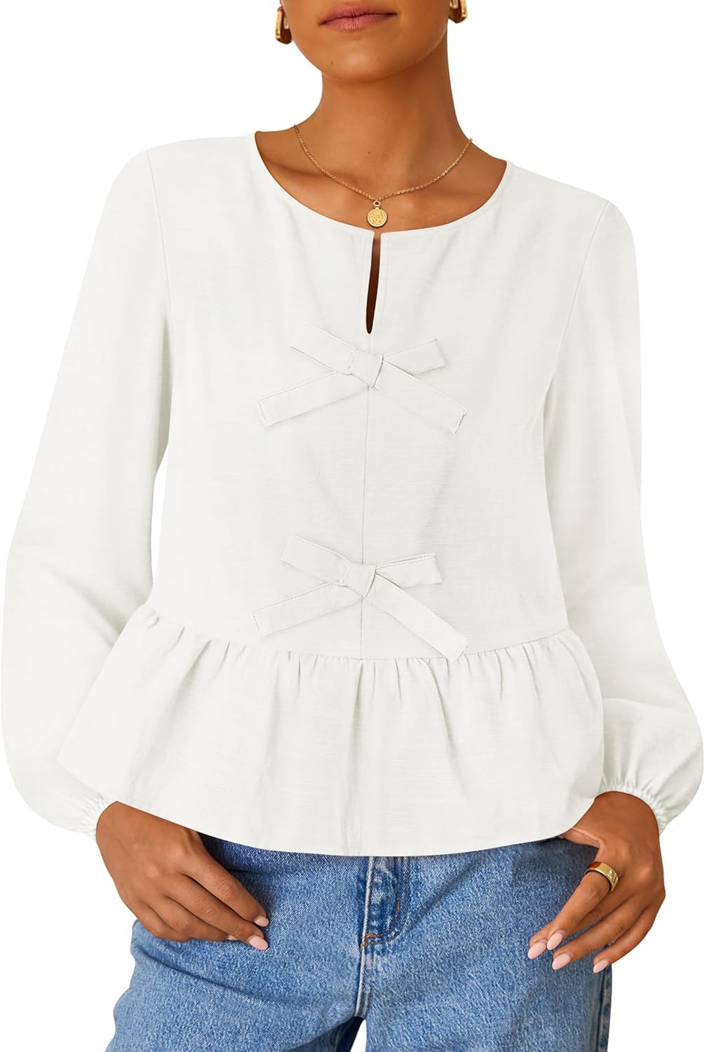 ZESICA Women's Long Sleeve Babydoll Tops Crewneck Tie Front Casual Loose Ruffle Flowy Peplum Shirts 2026 Fall Blouses
