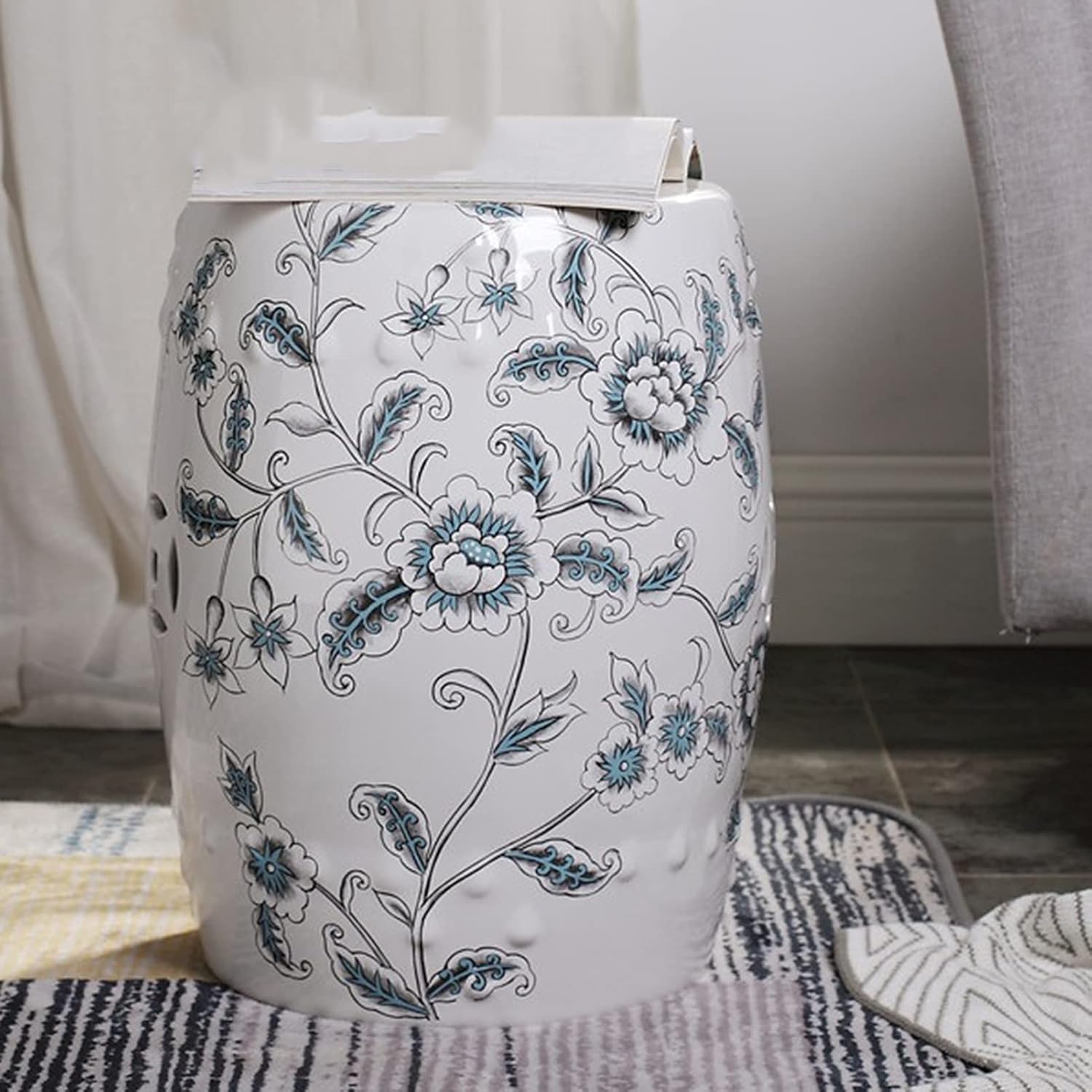 Decorative garden stools, Flower and Bird Ceramic Drum Stool，Dressing Stool，Garden Decorative Stool, Suitable for Garden, Patio, Lawn,Home Indoor & Outdoor