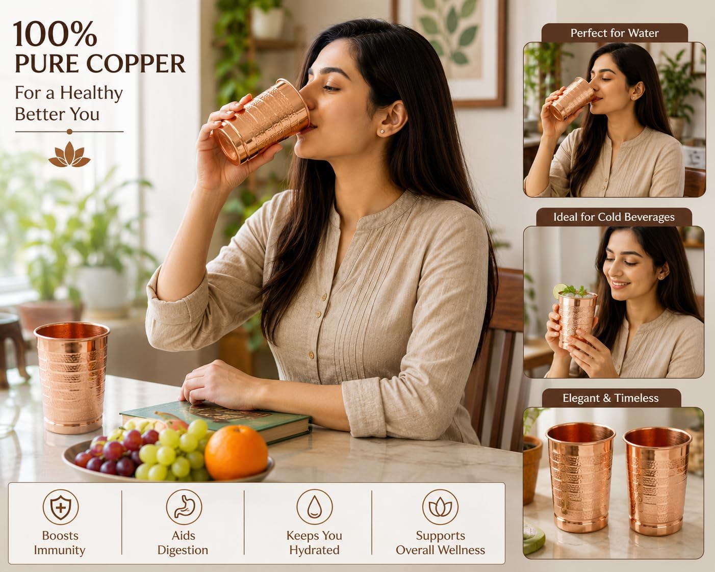 ROYAL SAPPHIRE Pure Copper cups for Drinking Water | Tumbler Set Of 2| Copper glasses Set for Ayurveda Health Benefits (11.8 Oz approx)