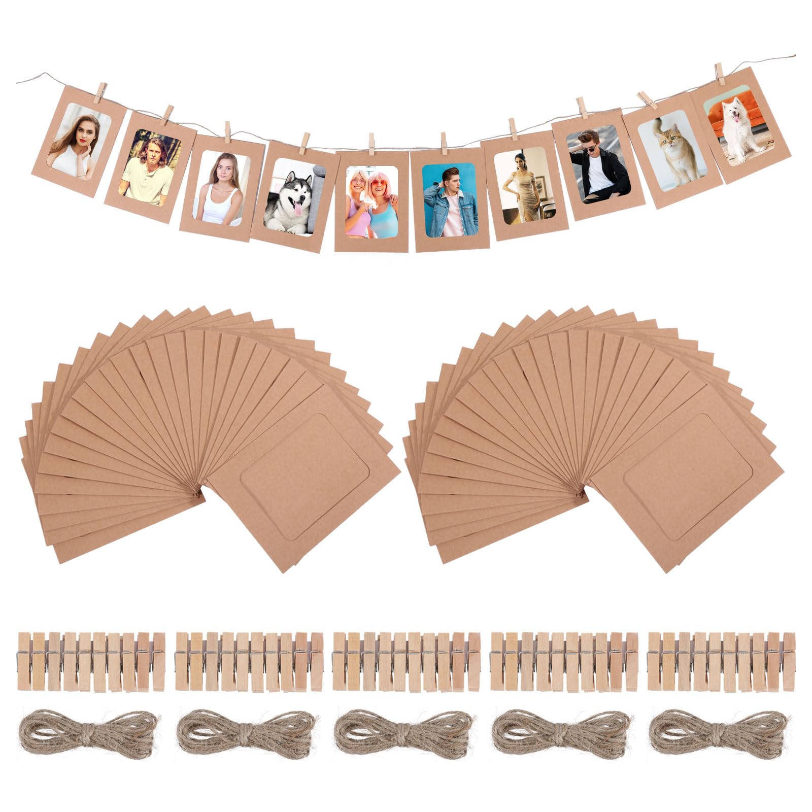 CHGCRAFT 50pcs Kraft Paper Photo Frames 4x6in DIY Cardboard Photo Hanging Display with 50pcs Clips and 10m Strings for DIY Display Party Decor