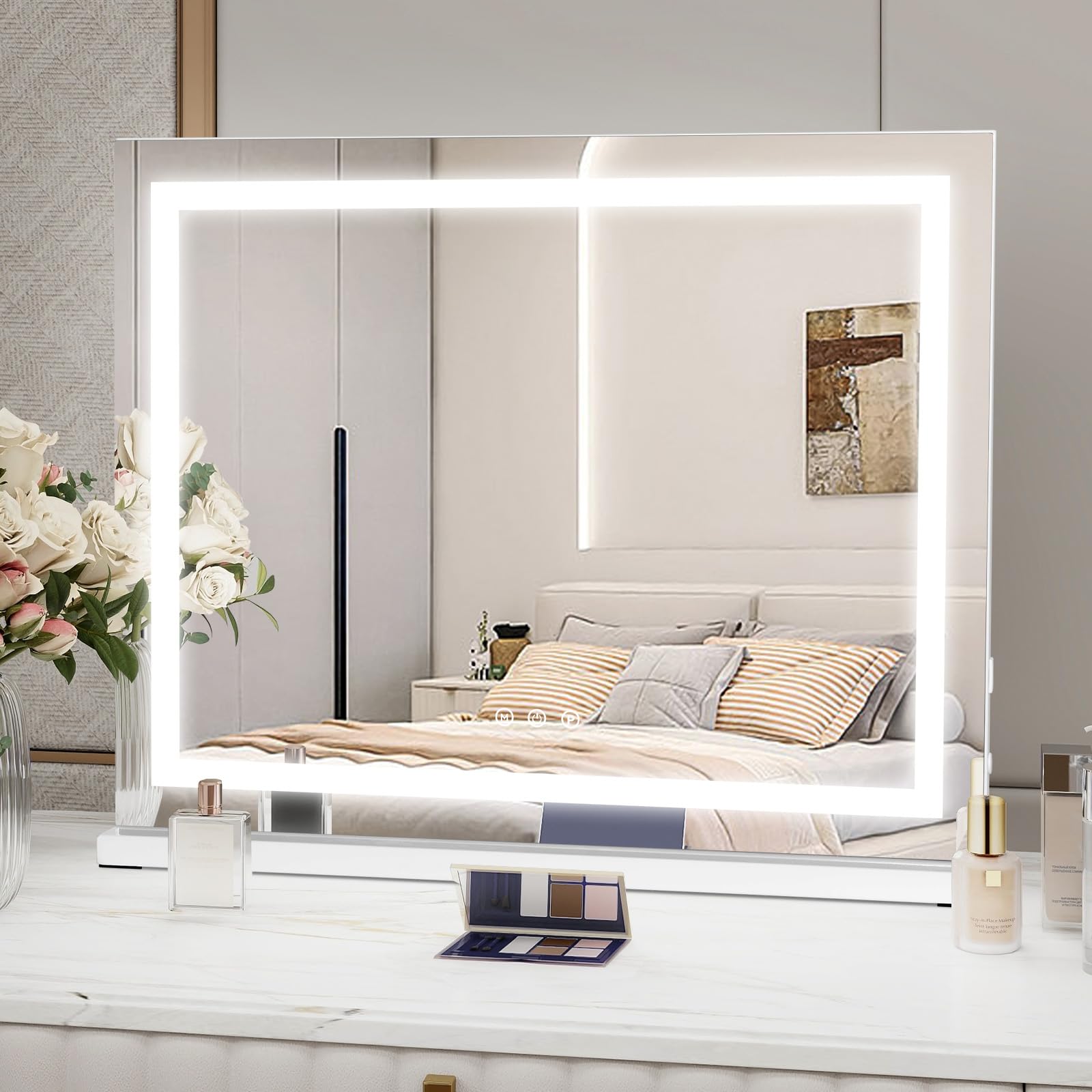 YU YUSING Miroir Coiffeuse de Maquillage LED 58x47 cm, 3 Couleurs, Charge USB, Luminosité Réglable, Miroir Lumineux de Table Cosmétique, Grossissant 10x, Blanc