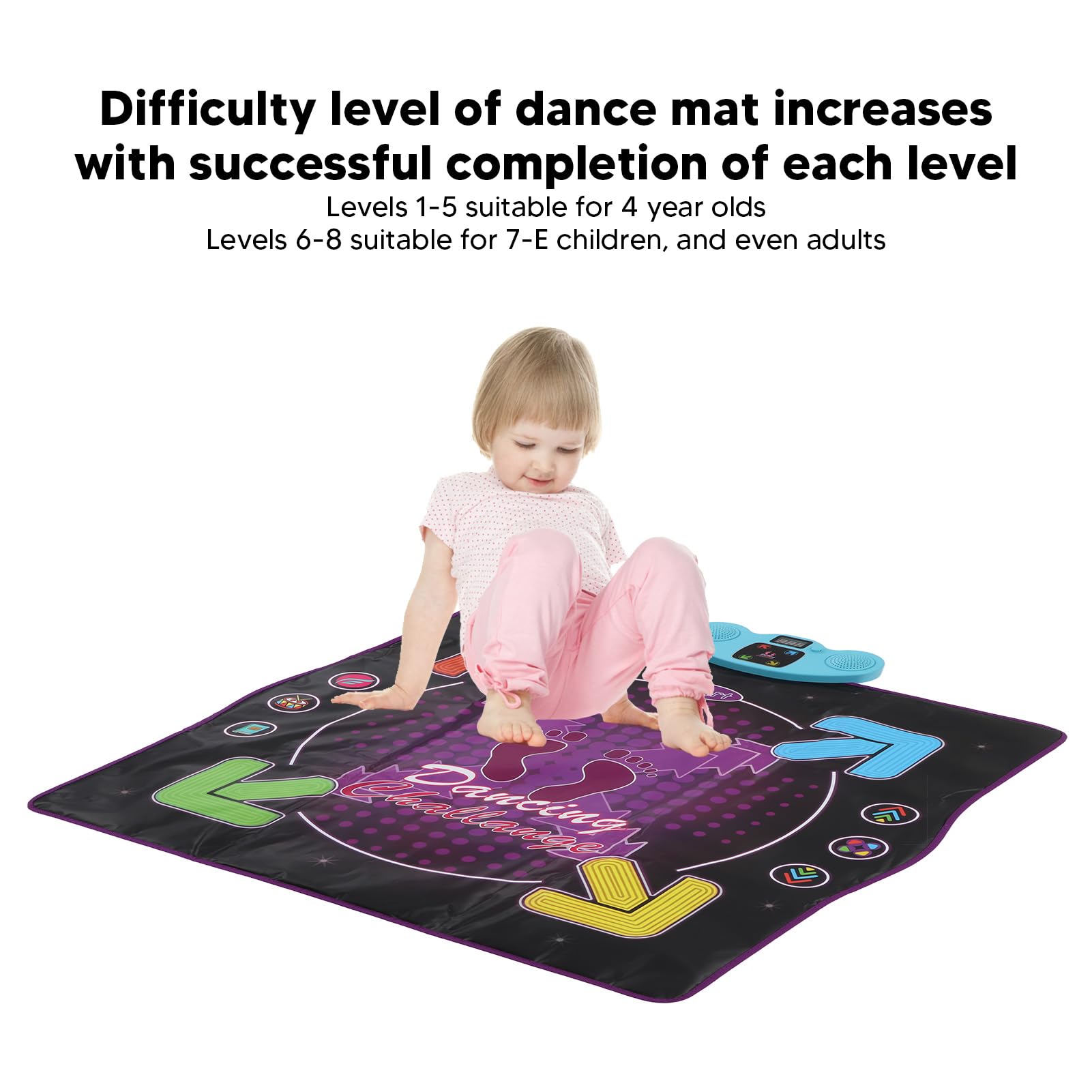 RiToEasysports Alfombra de baile para niños, 8 niveles de dificultad, 4 modos de juego, almohadilla electrónica, ajustable, integrada en música, baile, para niños y niñas (no se ilumina)