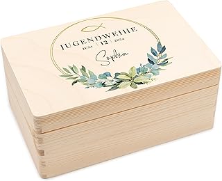 Geschenkfreude Erinnerungsbox personalsiert zur Jugendweihe - UV-Druck - 30x20x14cm Aufbewahrungsbox Holz - Holzkiste mit Deckel personalisiert mit Name und Datum - Jugendweihe Geschenke - Schatzkiste