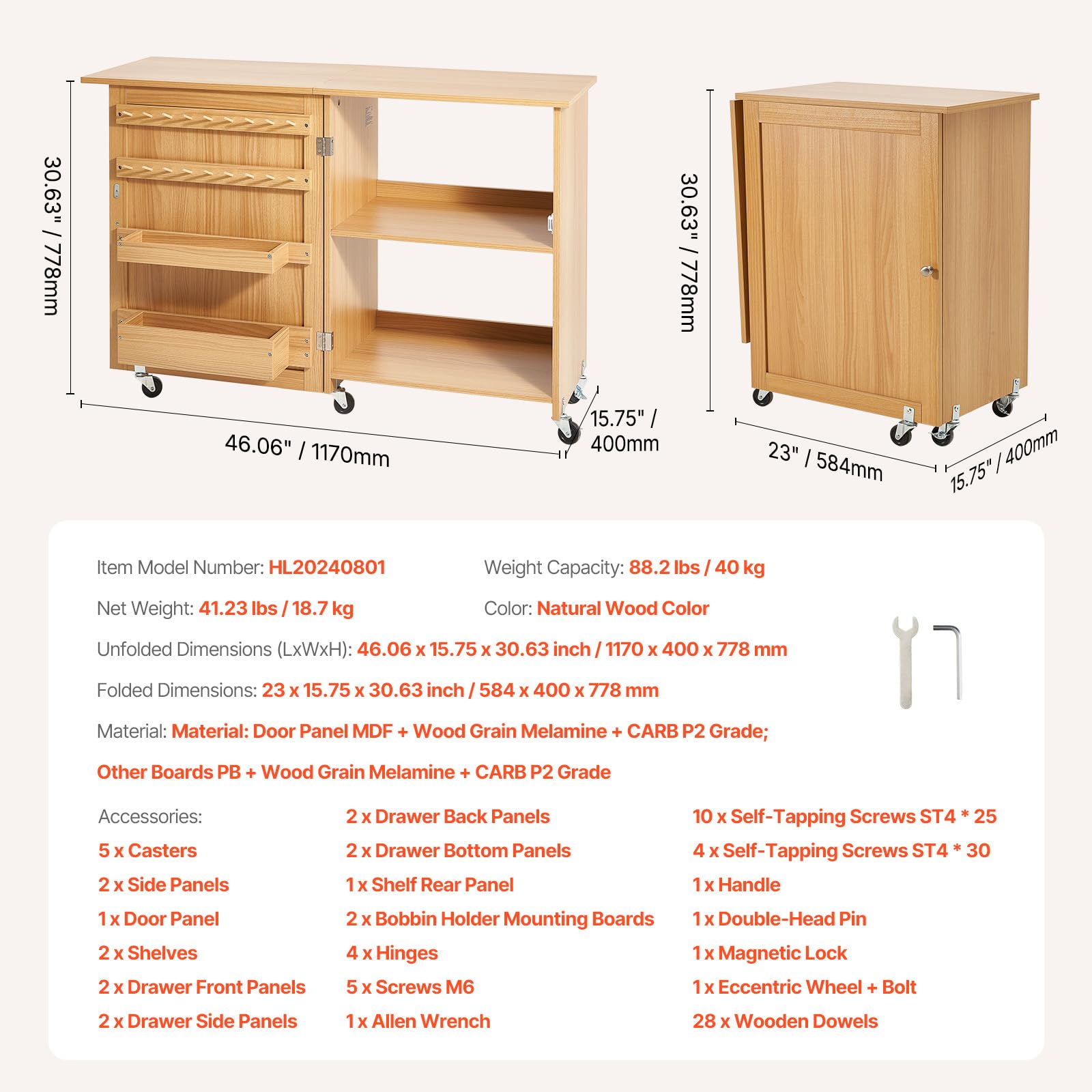 VEVOR Mesa de Costura Plegable Mesa Multiusos para Máquina de Coser con Diseño Compacto, Ruedas Bloqueables, Estantes, Bandejas de Almacenamiento, Clavijas de Madera y Puertas Magnéticas, Color Madera