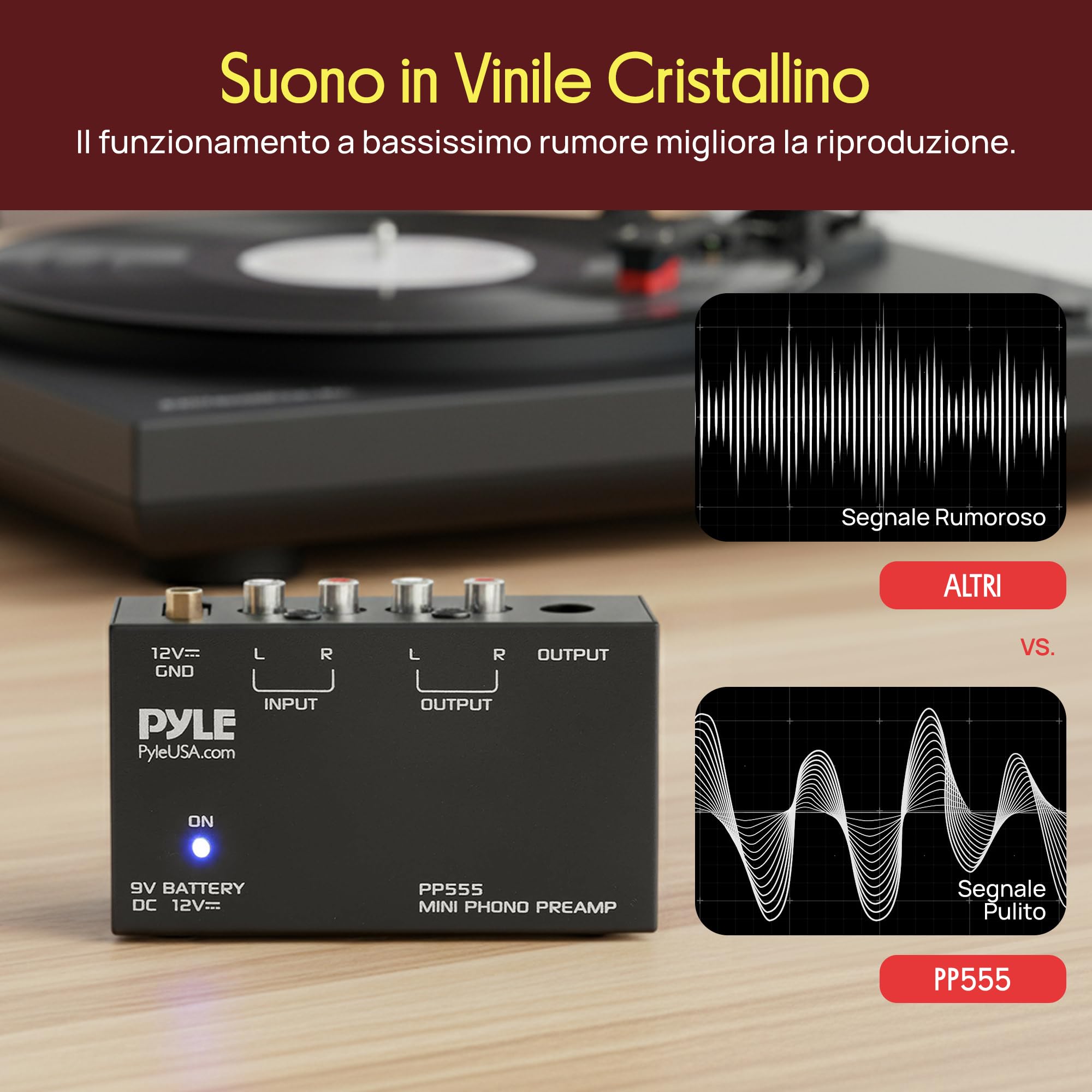 Pyle PP555 Phono Turntable Preamp Mini Electronic Audio Stereo Preamplifier 9V Battery DC 12V RCA Input Output Low Noise Black