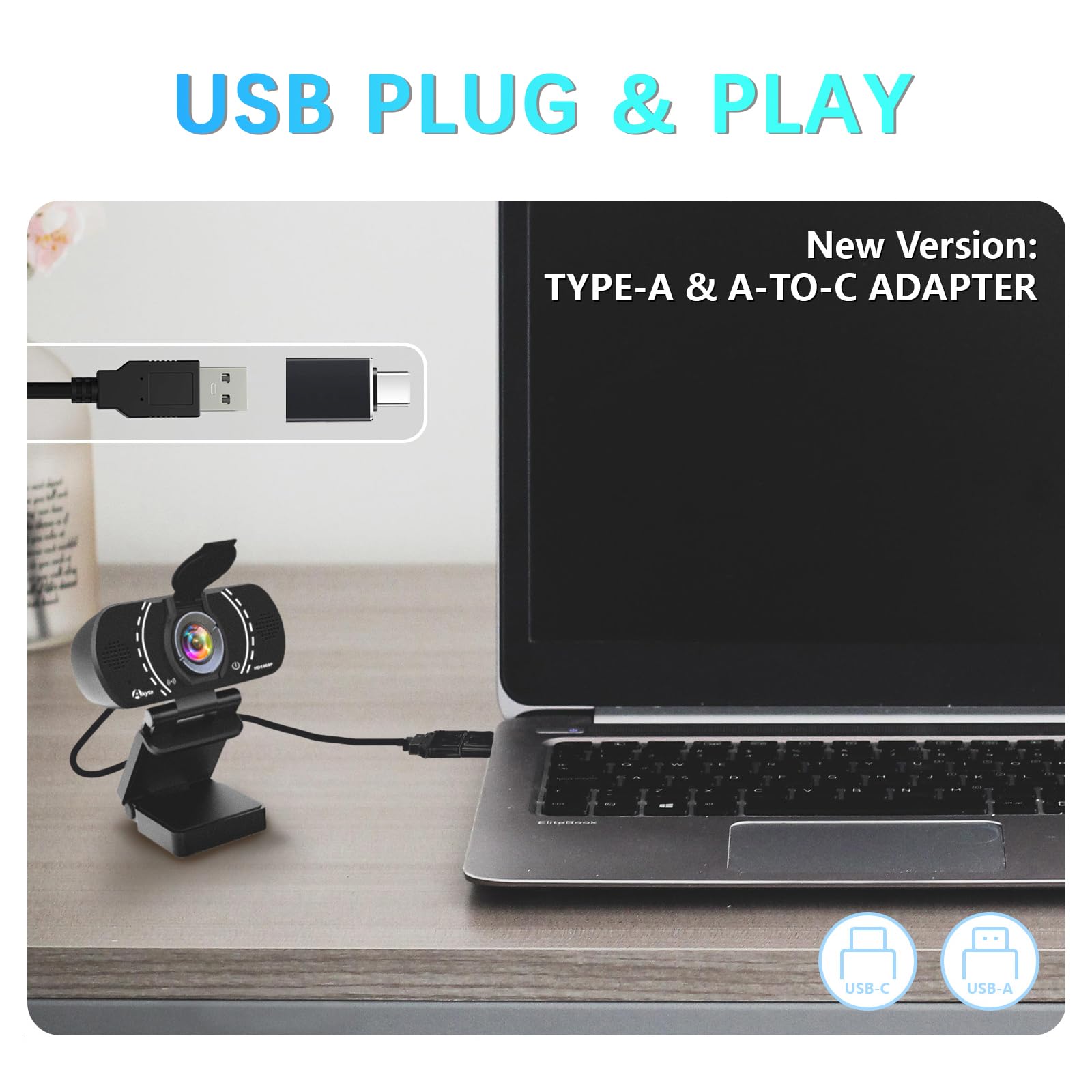 Akyta Cámara web 1080P con micrófono, cámara web con micrófono con cancelación de ruido/cubierta de privacidad/soporte/adaptador y gran angular de 110°, cámara web USB para computadora de escritorio