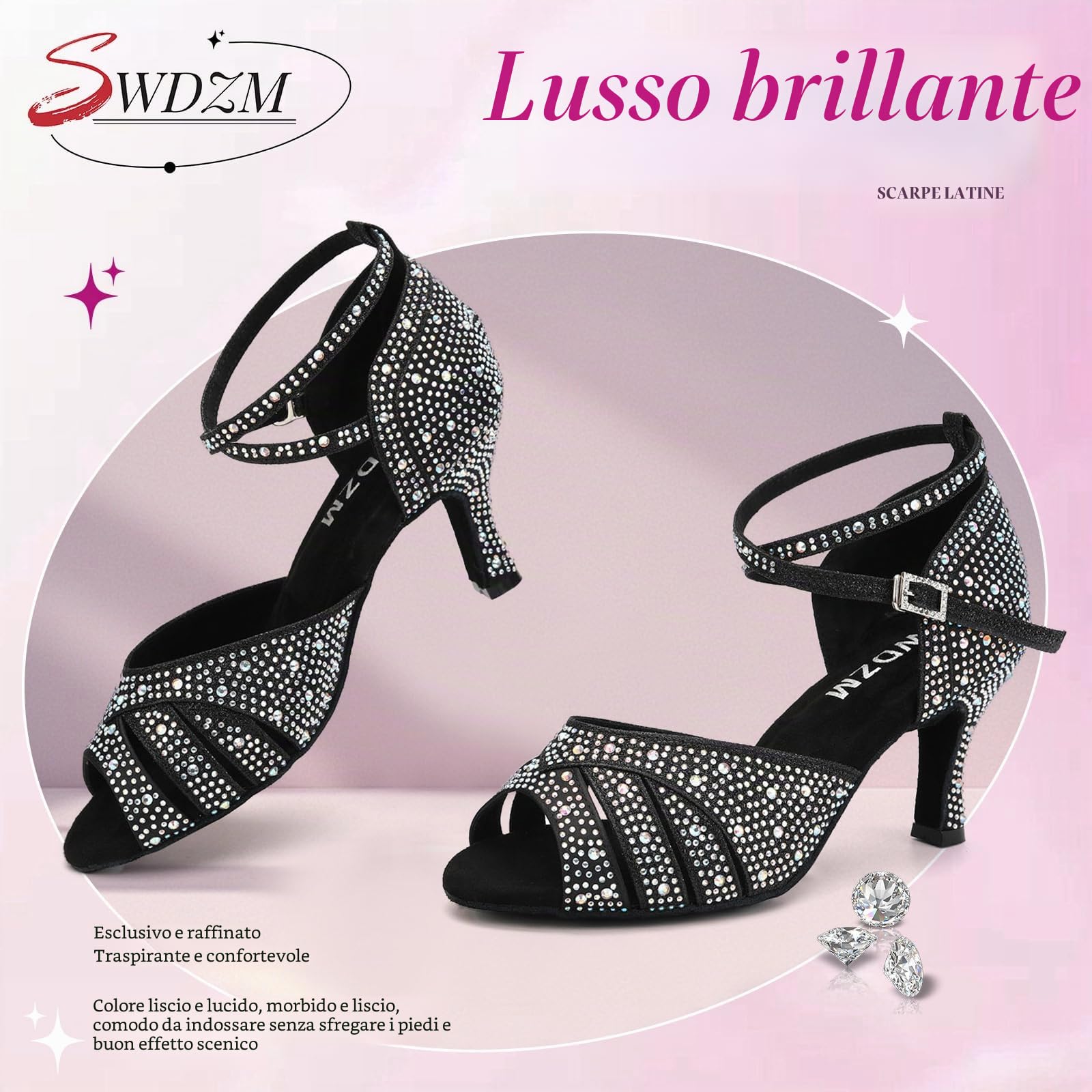 SWDZM Scarpe da Ballo Latino Donna Strass Salsa Bachata Prestazioni Professionale,Zwart,Hakhoogte 7cm,Suède zool,EU 39