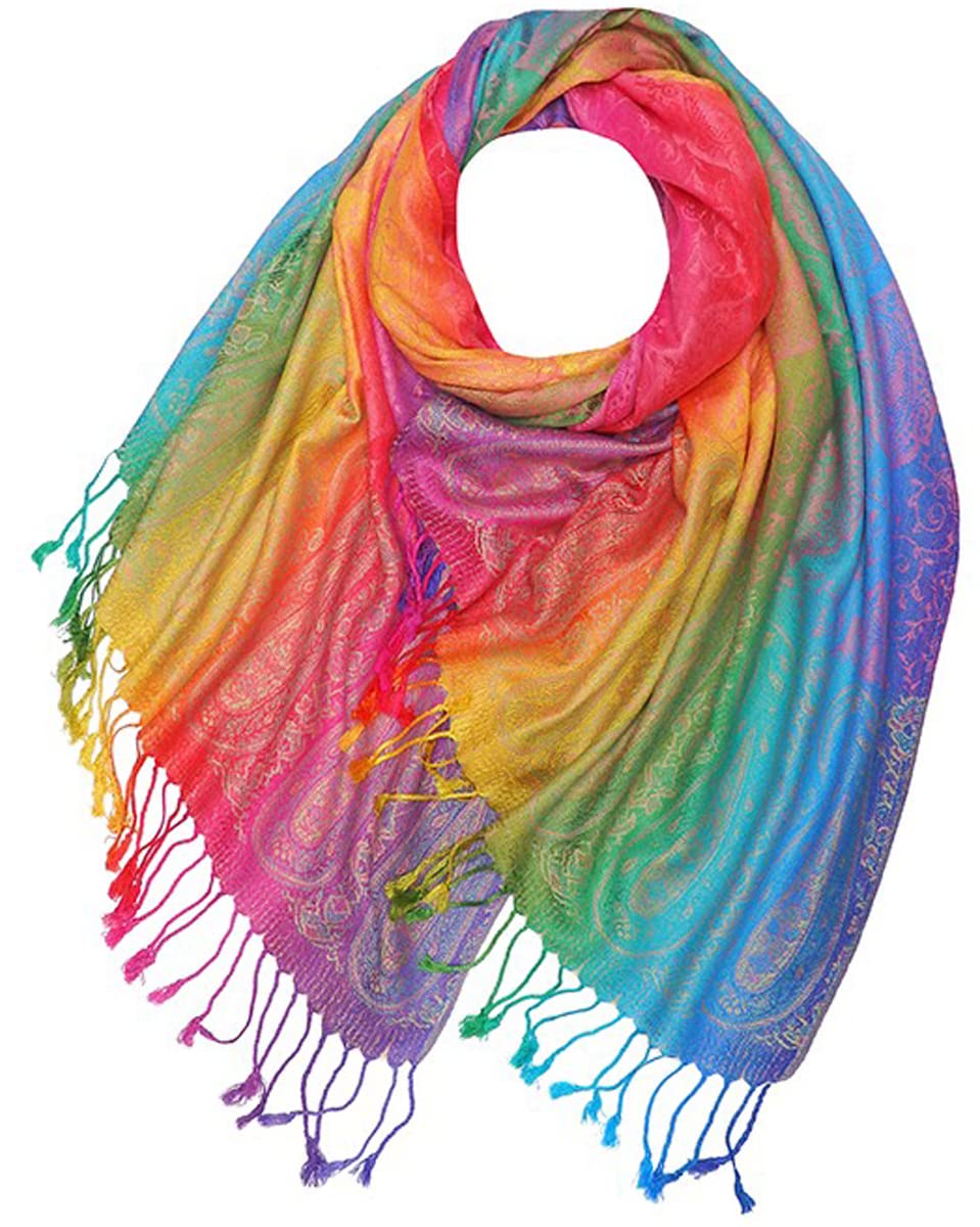 Glamlondon Women's Rainbow-Colourful-Paisley Styl3 Rainbow Multi-Colour Pashmina Colourful Paisley/Roses/Patches/Peacock Feather Soft Shawl (Rainbow-Colourful-Paisley Styl3)