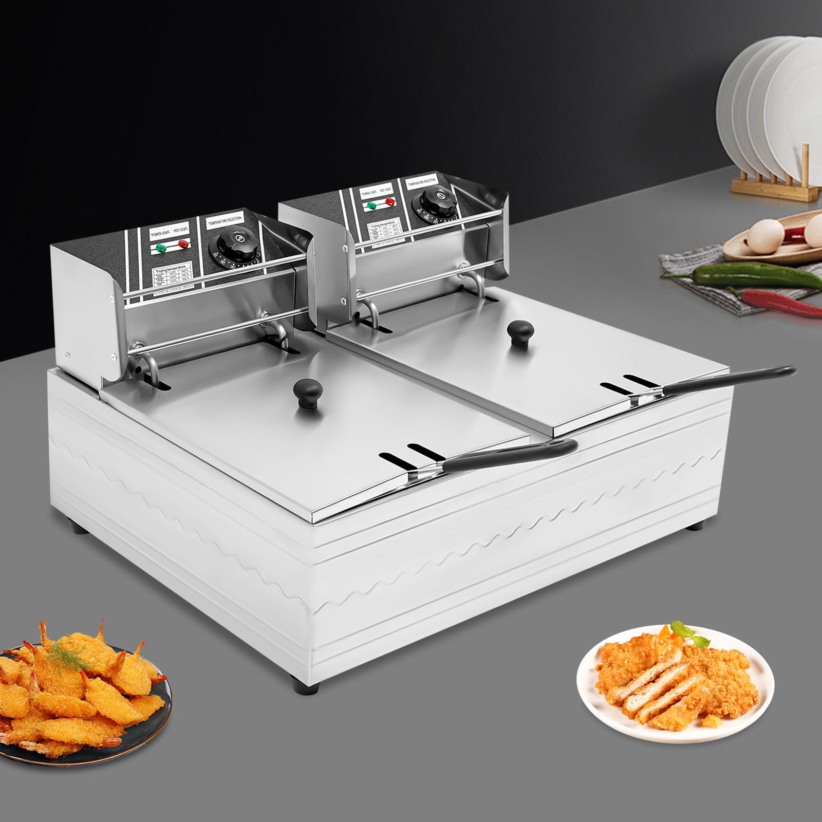 Freidora comercial, 2500 W, freidora eléctrica, 6 L, acero inoxidable, doble tanque, 60 – 200 ℃, 2 coladores de red de fritura, para cantinas, restaurantes rápidos, hoteles