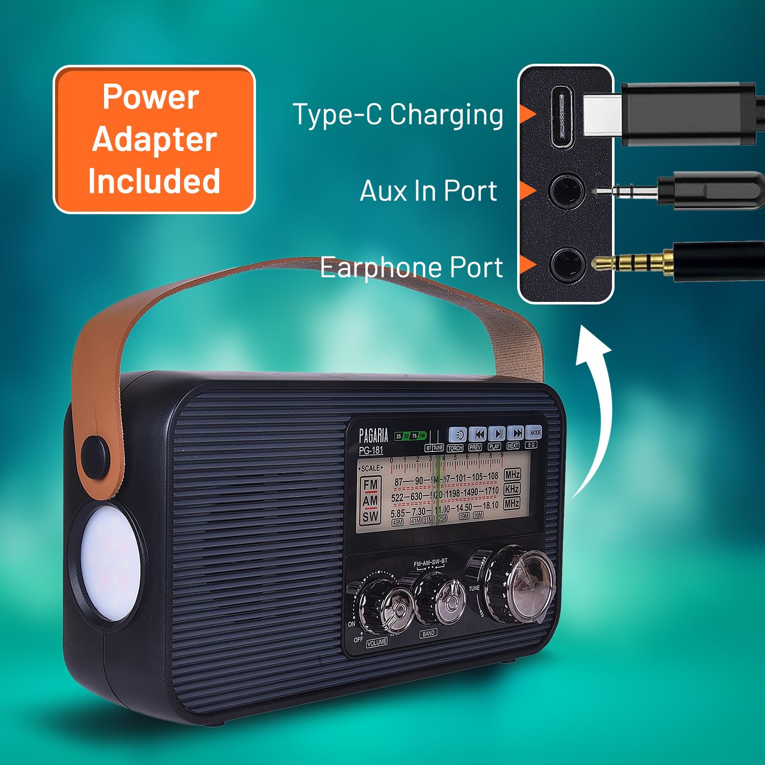 PAGARIA 3 Band FM/AM/SW DSP Portable Radio with 5 Watts, Torch, Bluetooth, USB/TF, Earphone, Aux, Model: PG-181 — Amazon image 6