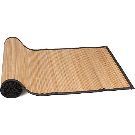 BambooMN Natural Brown Slat Bamboo Table Runner with Fabric Border