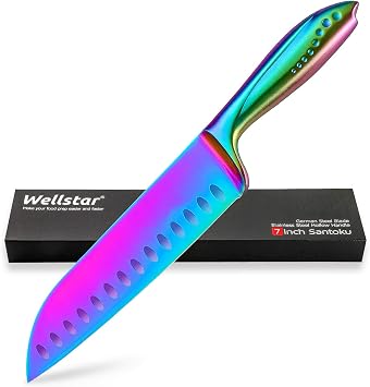Santoku Knife 7 Inch WELLSTAR, Super Sharp German Steel Kitchen Cooking Knife with Comfortable Handle and Rainbow Titanium Coating for Chopping Slicing Dicing and Mincing of Meat Vegetables and Fruits