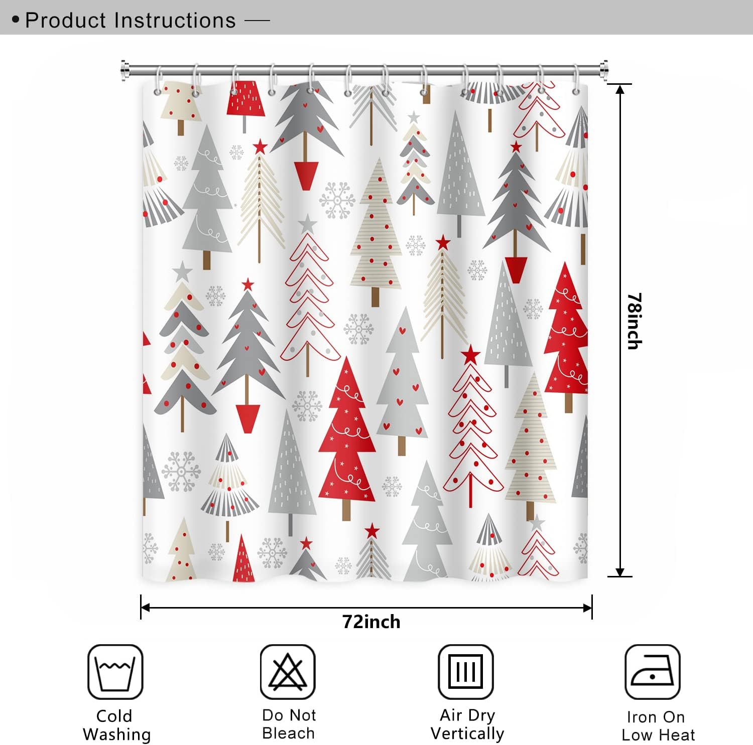 Christmas Tree Bathroom Shower Curtain Grey Pines Pattern Snowflakes Shower Curtain with Hooks Polyester Waterproof Fabric Xmas New Year Shower Curtain Decorative, 72x78 Inch