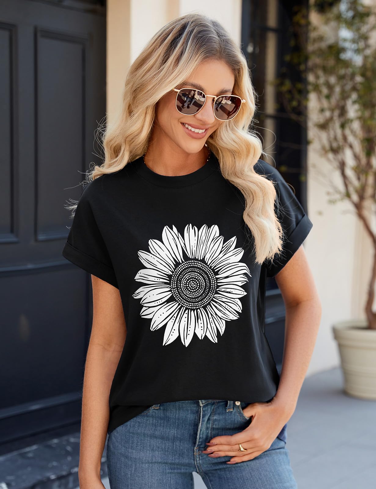 Xnova Koszulka damska w paski, na lato, krótki rękaw, okrągły dekolt, oversize, luźna bluzka basic, luźna bluzka na lato