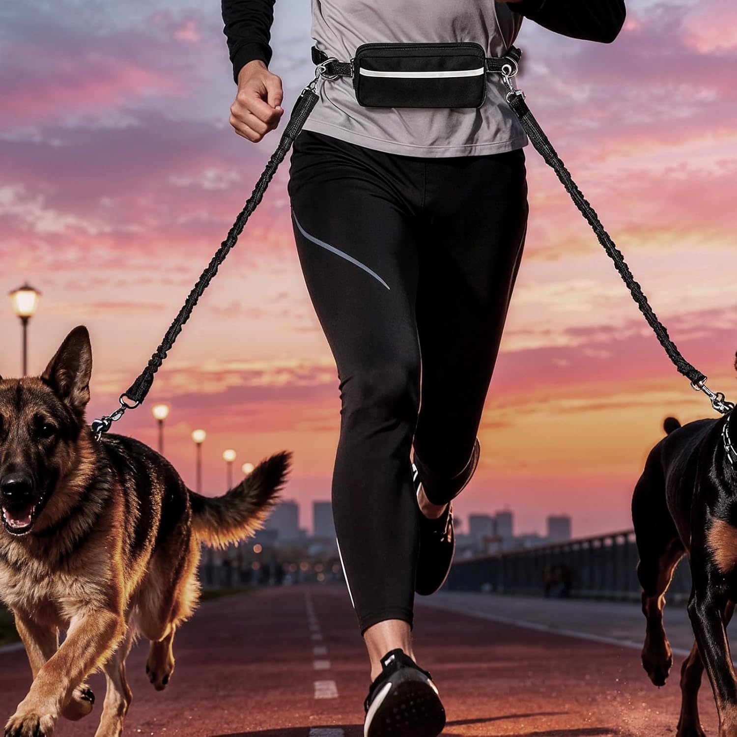 ハンズフリー ダブルリーシュ 2匹用 調節可能なウエストリーシュ 犬の散歩用 2匹の犬用 高耐久 絡まらない ダブル格納式犬用リーシ