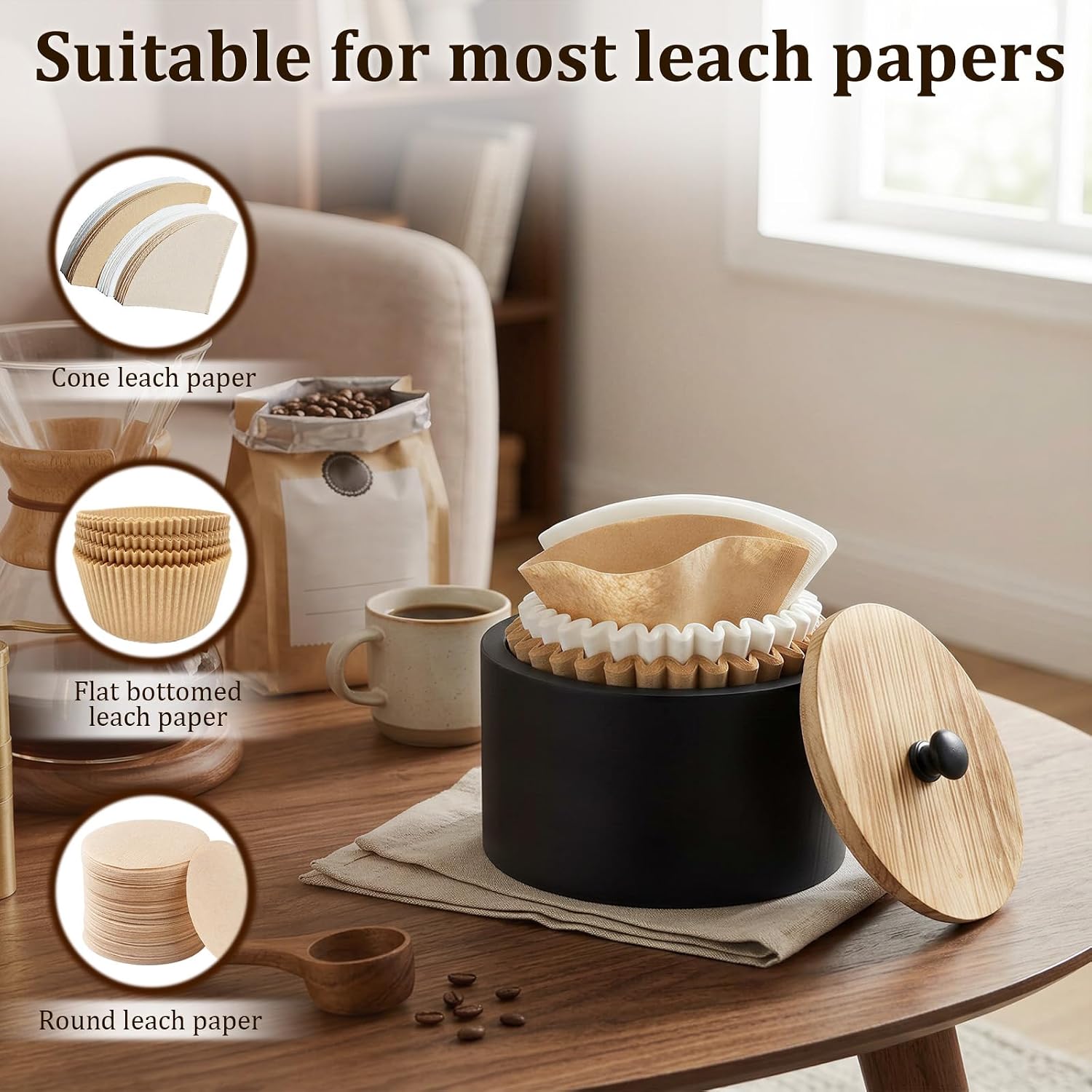 Wooden Coffee Filter Holder with Lid - Farmhouse Storage Container (Black)