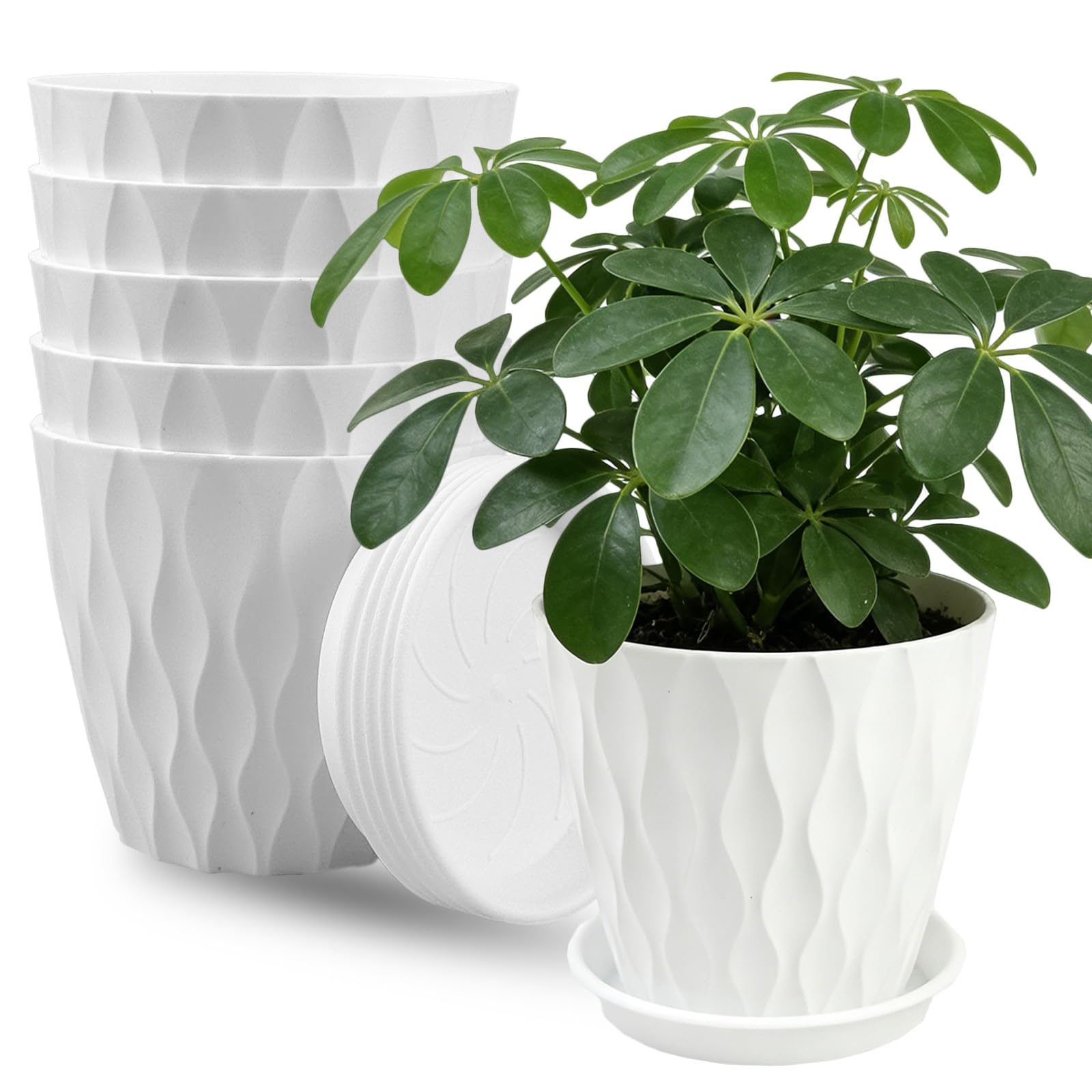 6 Pack Plastic Plant Pots 15cm/6-in Flower Pots with Drainage Holes and Tray Modern Decorative Planter Pot Indoor Outdoor Planters for All House Plants(6 Colour) — view 8
