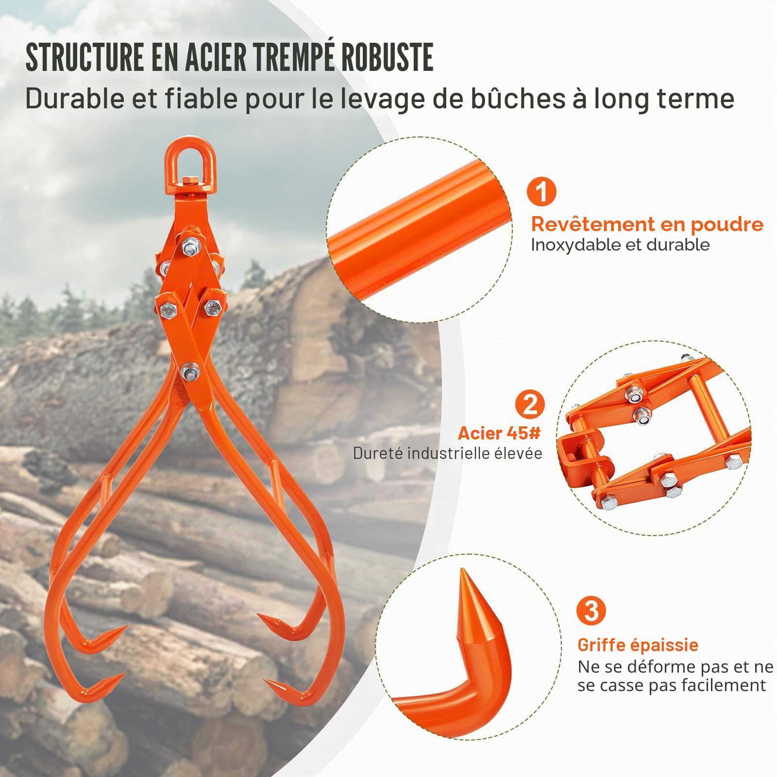 VEVOR Pince Forestière pour Troncs 711,2 mm Pince de Levage pour Bois Bûches Crochets 4 Griffes Pivotante Capacité Charge 1000 kg Pince à Bois en Acier pour Tracteurs VTT Camions Chariots Élévateurs