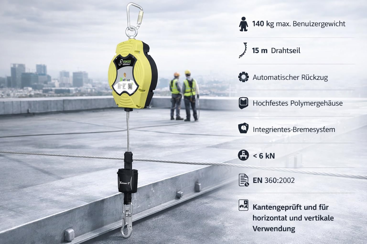 KRATOS SAFETY - HELIXON-S câble, antichute à rappel automatique 15 m, utilisation verticale et horizontale