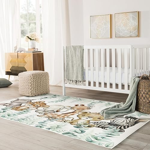 Miniatura 5 de HawSkgFub Alfombra de área de juegos de animales de selva africana para niños y niñas pequeños, elefante, jirafa, león, cebra, antideslizante,