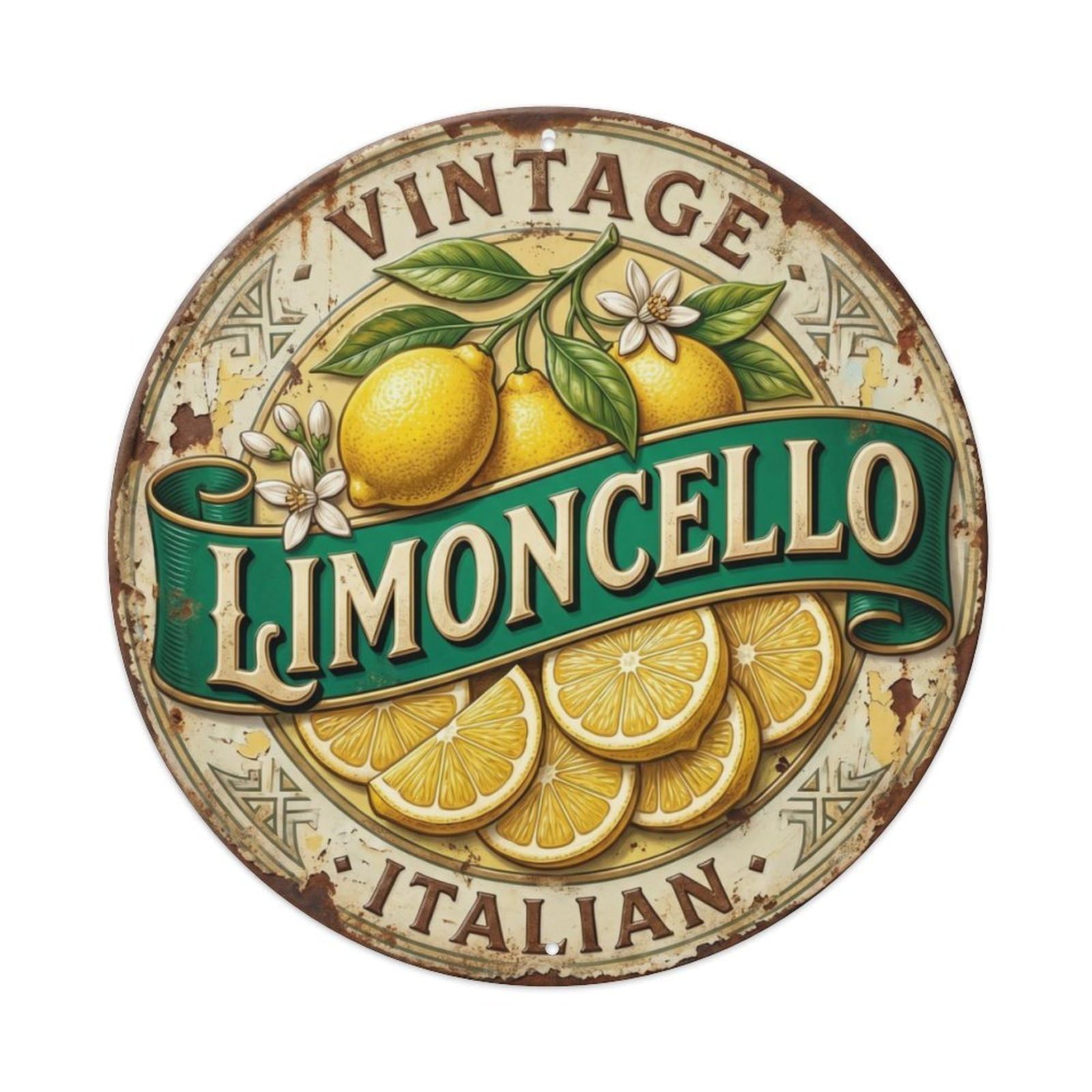 Fqcyn Style Vintage Italian Limoncello Metal Tin Sign Plaque Wall Decor For Cafe, Club Bar, Office, Home Garden Round Metal Poster 8X8inch